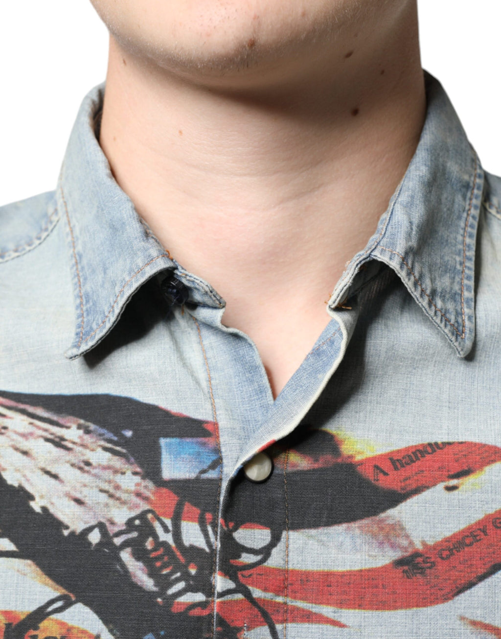 Chemise en jean de coton imprimé bleu clair à manches longues John Galliano