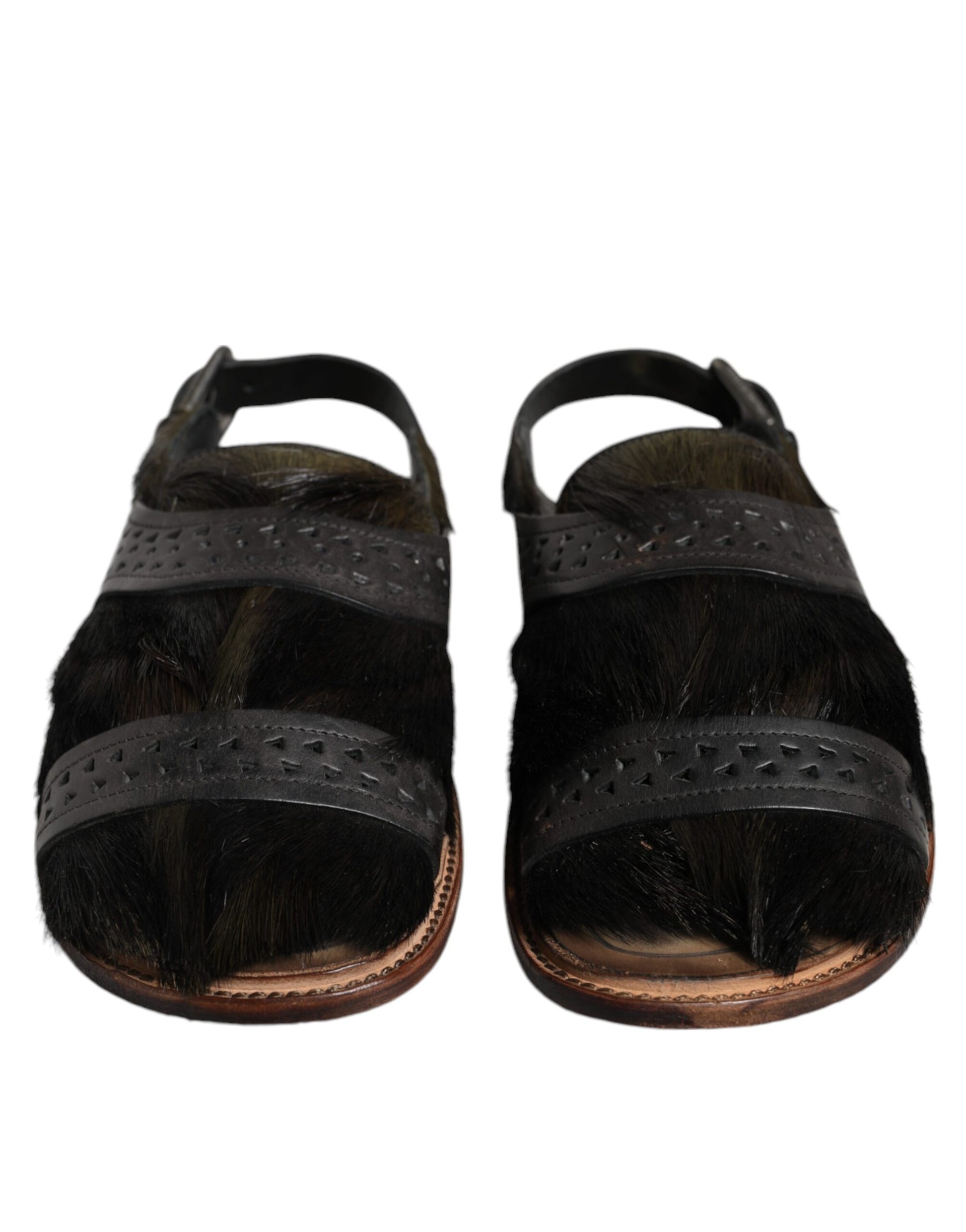 Chaussures Sandales Plates en Cuir et Poils de Gazelle Noirs Dolce & Gabbana