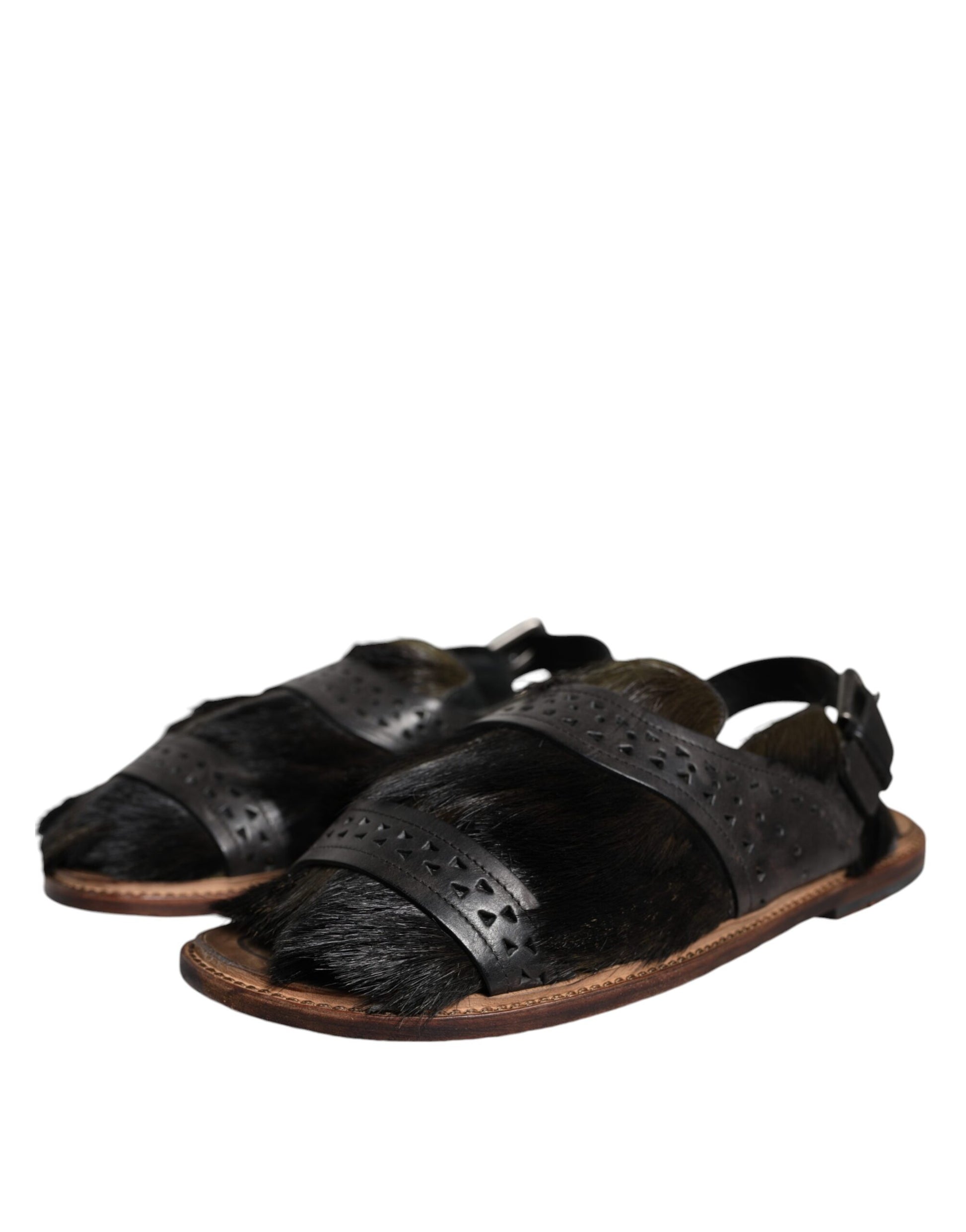 Chaussures Sandales Plates en Cuir et Poils de Gazelle Noirs Dolce & Gabbana