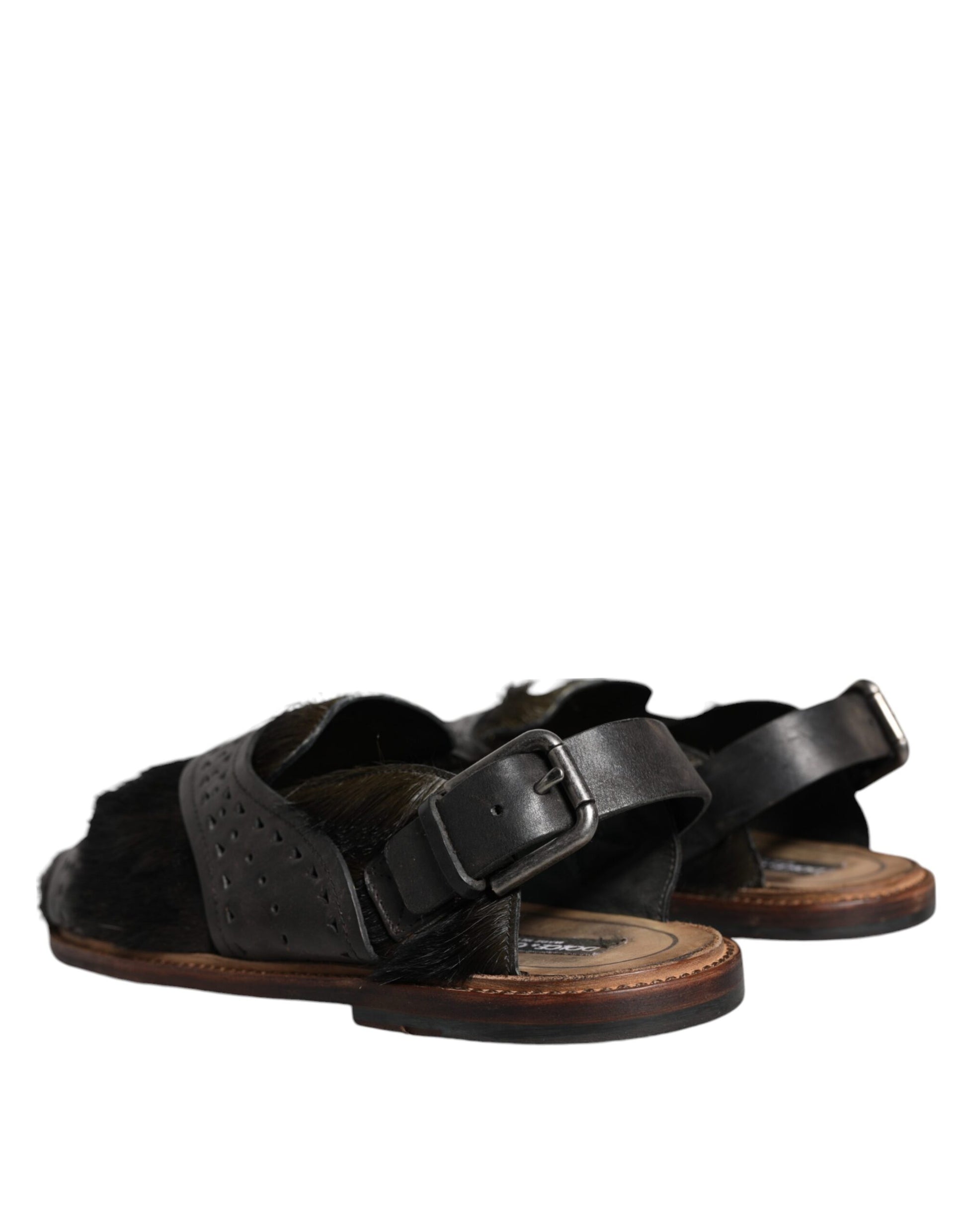 Chaussures Sandales Plates en Cuir et Poils de Gazelle Noirs Dolce & Gabbana