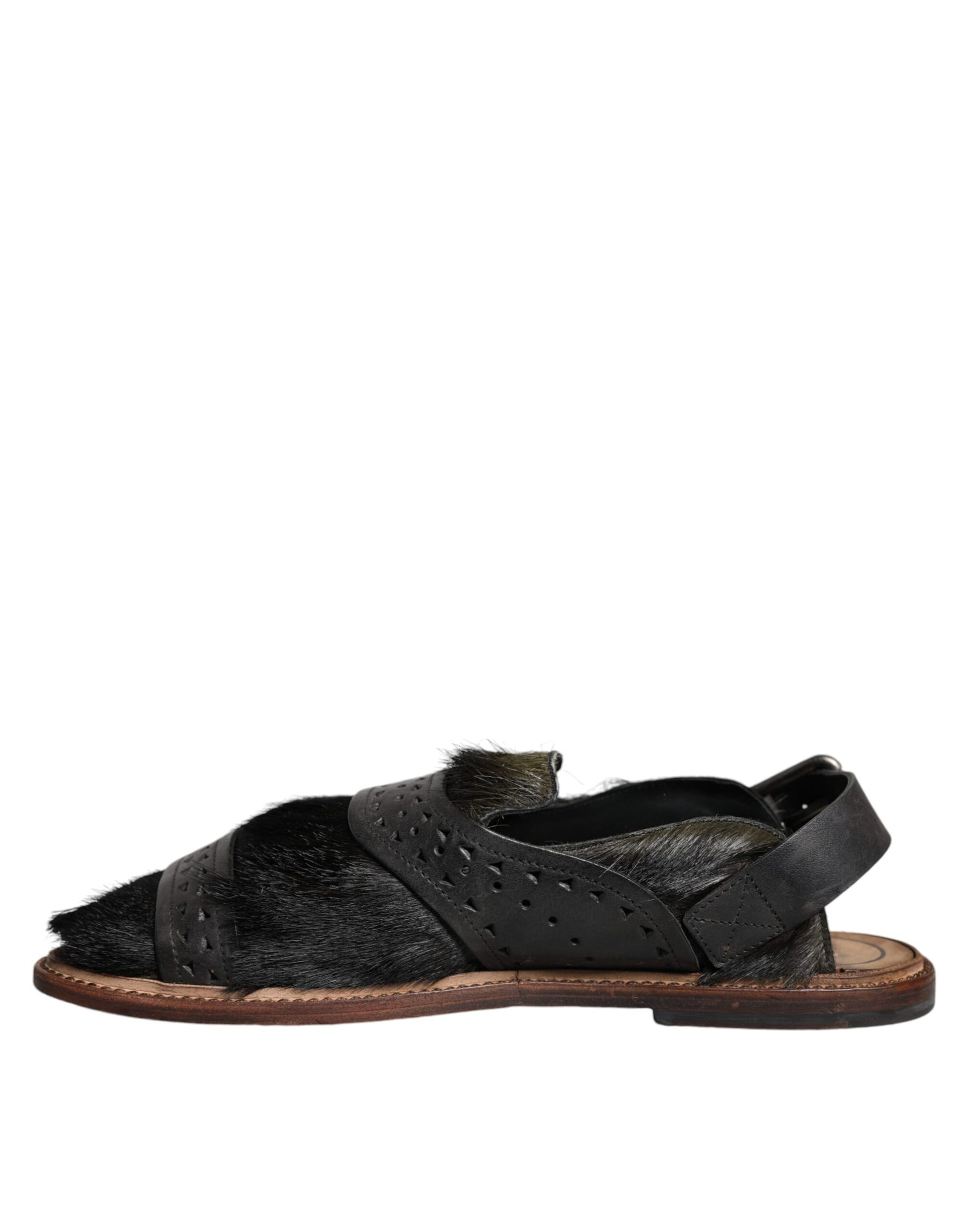 Chaussures Sandales Plates en Cuir et Poils de Gazelle Noirs Dolce & Gabbana