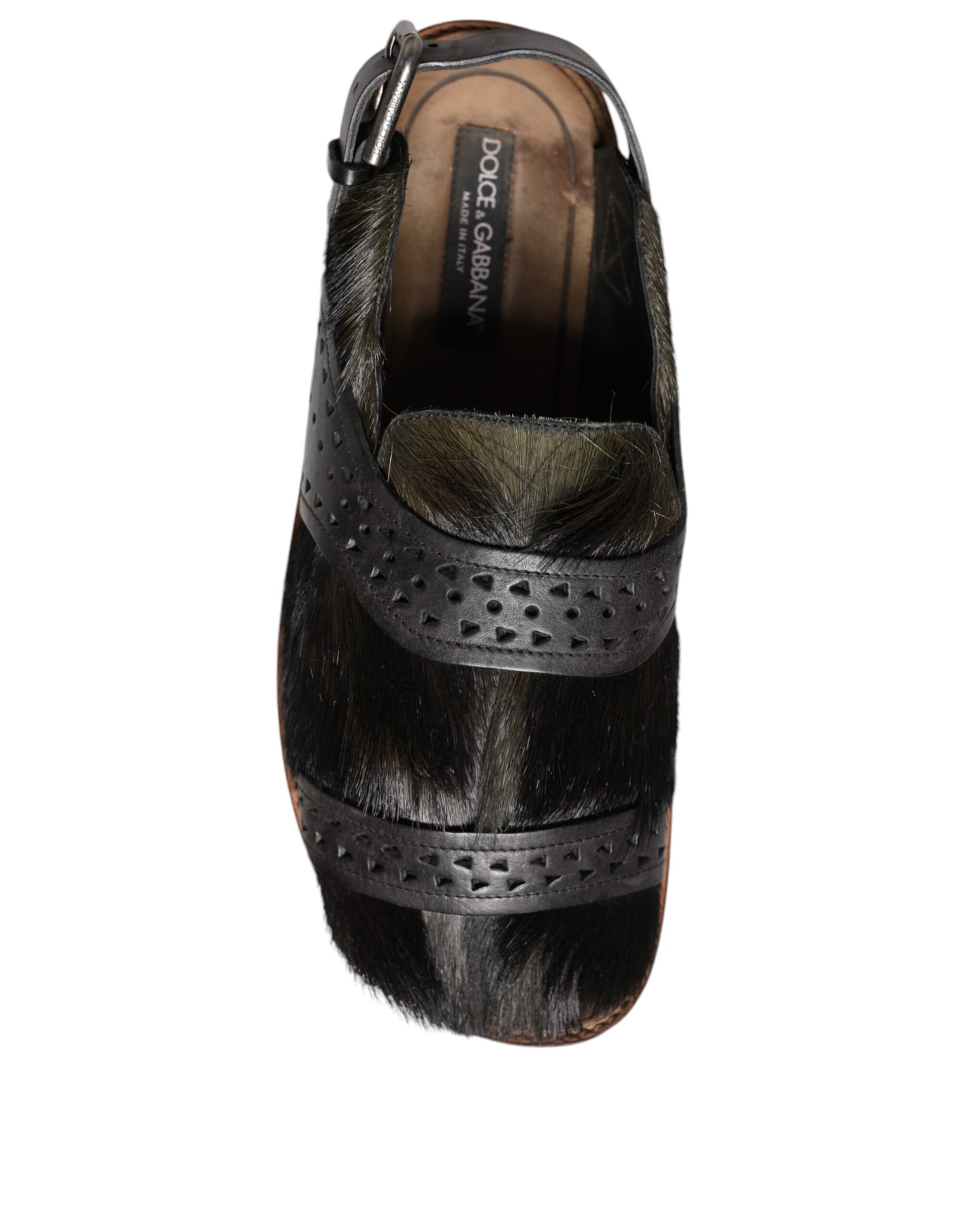 Chaussures Sandales Plates en Cuir et Poils de Gazelle Noirs Dolce & Gabbana