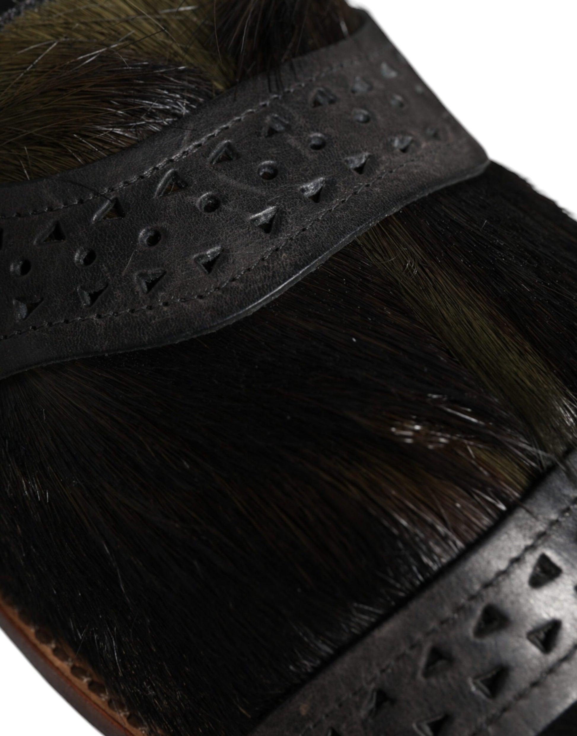 Chaussures Sandales Plates en Cuir et Poils de Gazelle Noirs Dolce & Gabbana