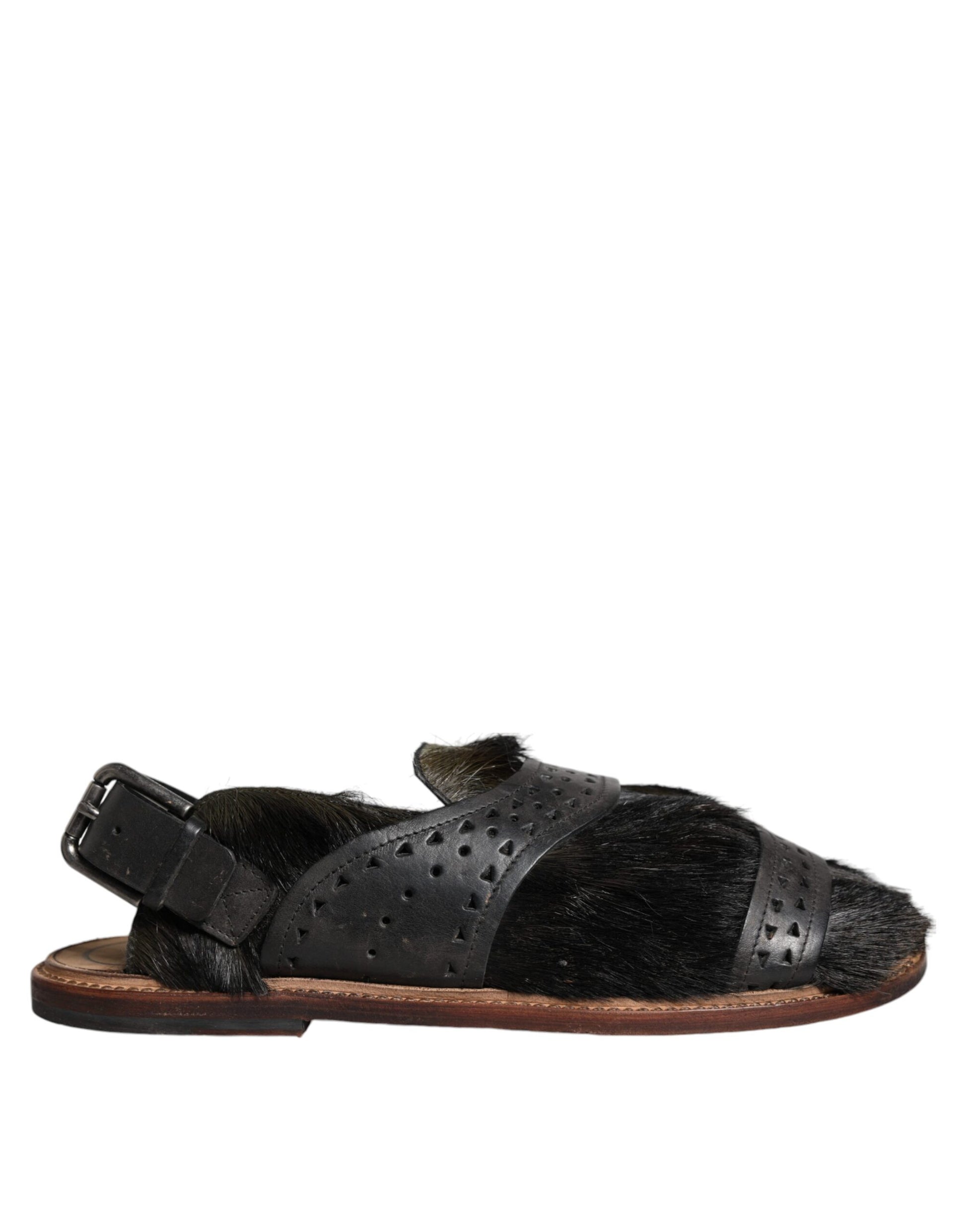 Chaussures Sandales Plates en Cuir et Poils de Gazelle Noirs Dolce & Gabbana