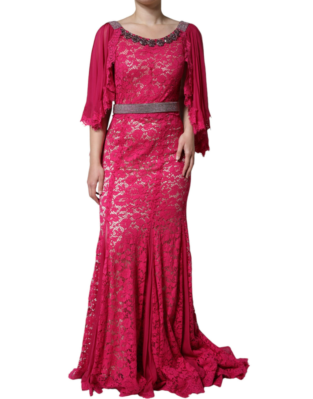 Robe longue fourreau en dentelle rose ornée de cristaux Dolce & Gabbana