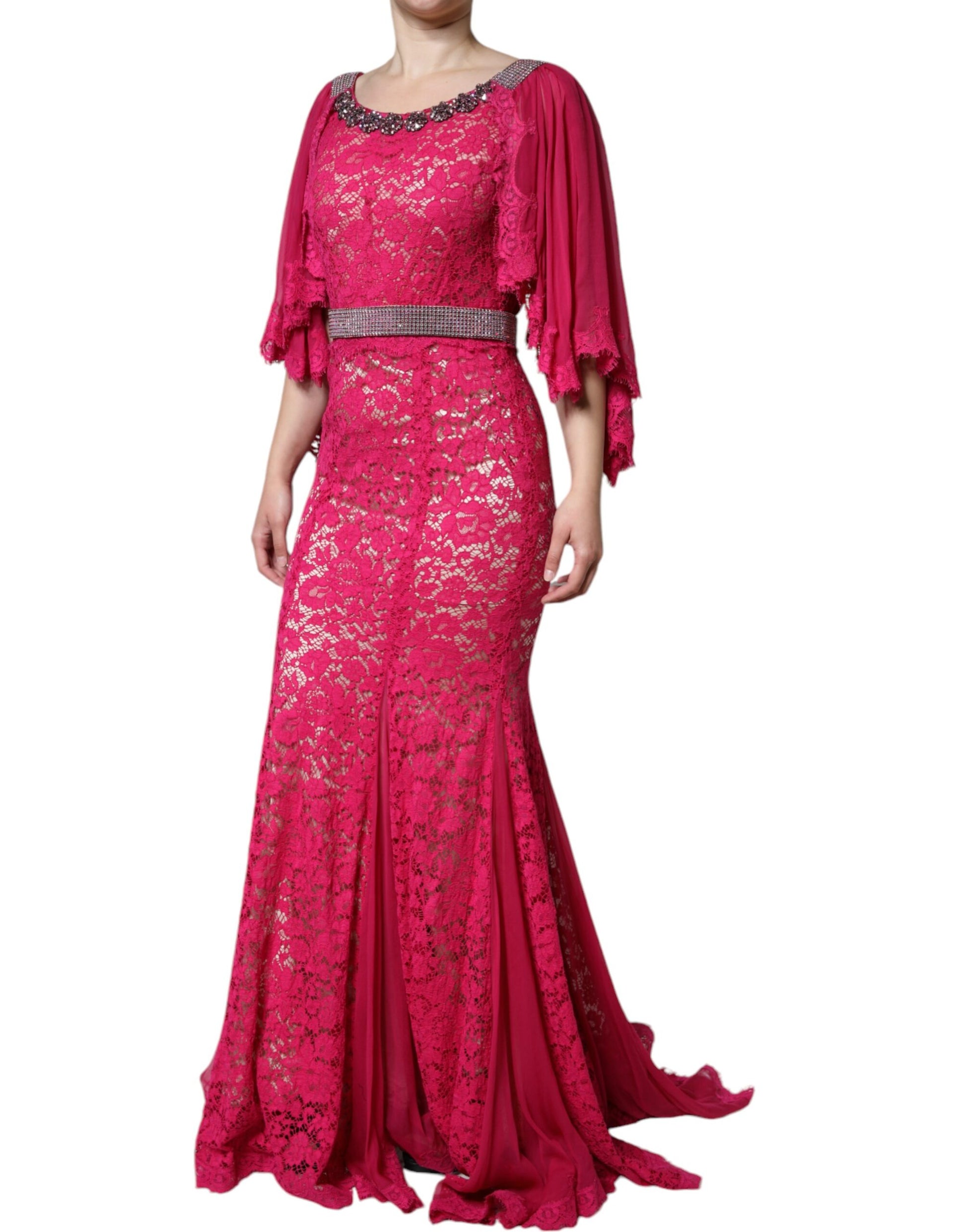 Robe longue fourreau en dentelle rose ornée de cristaux Dolce & Gabbana