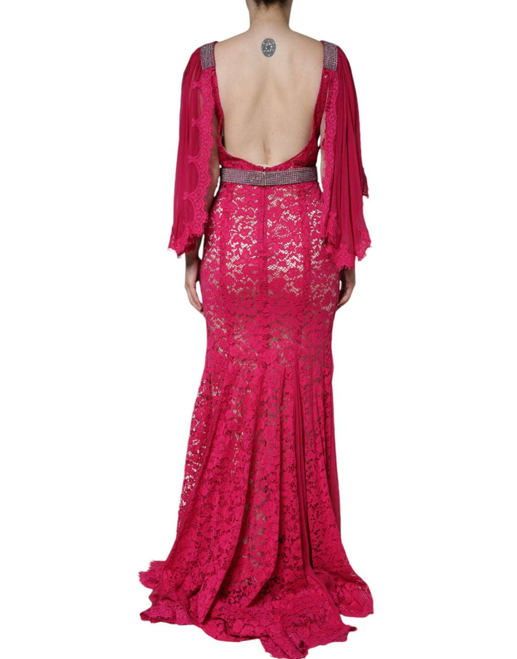 Robe longue fourreau en dentelle rose ornée de cristaux Dolce & Gabbana