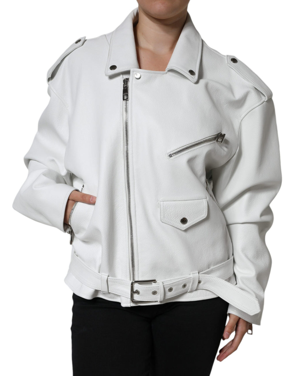 Veste Biker Dolce & Gabbana en Cuir d'Agneau Blanc