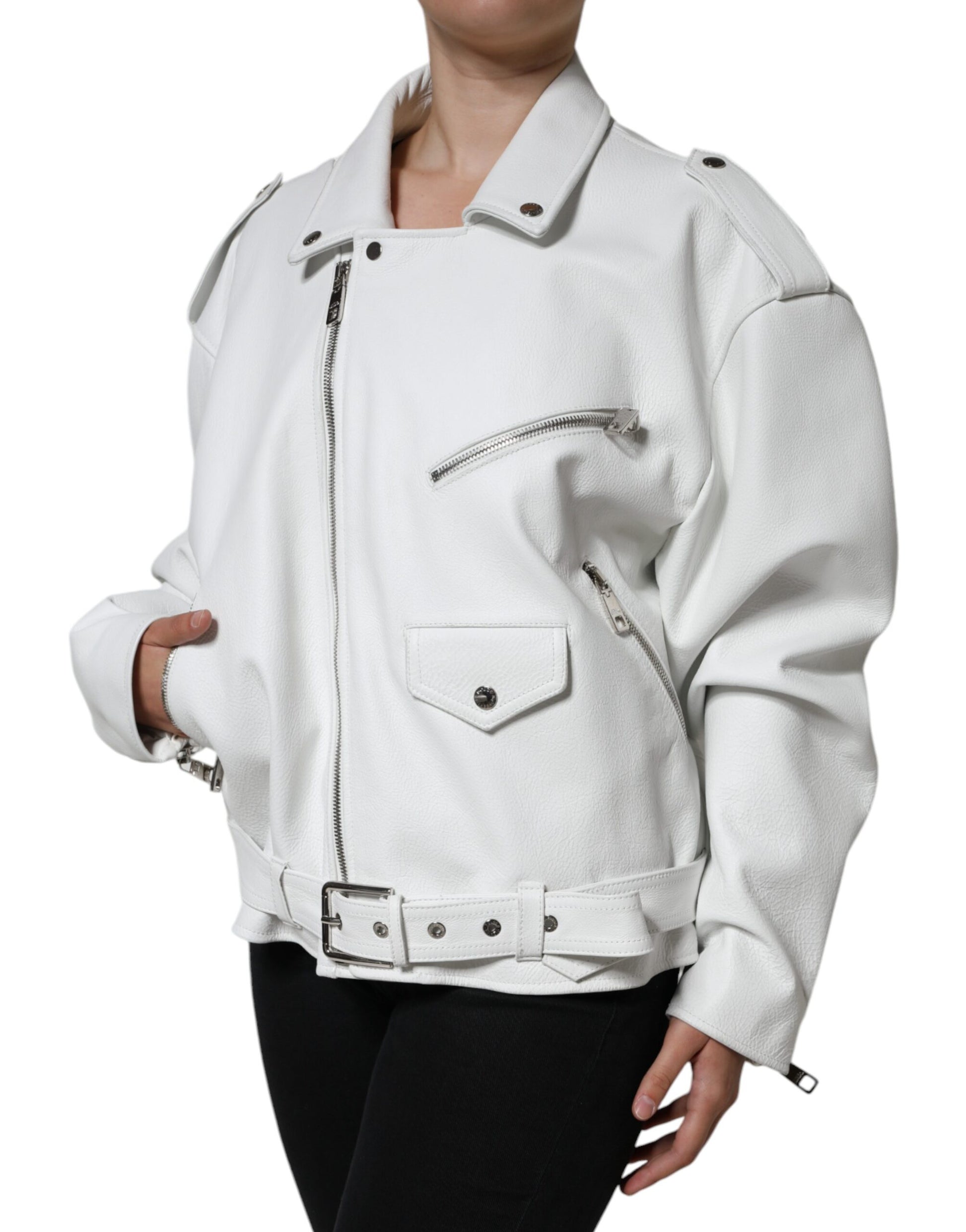 Veste Biker Dolce & Gabbana en Cuir d'Agneau Blanc