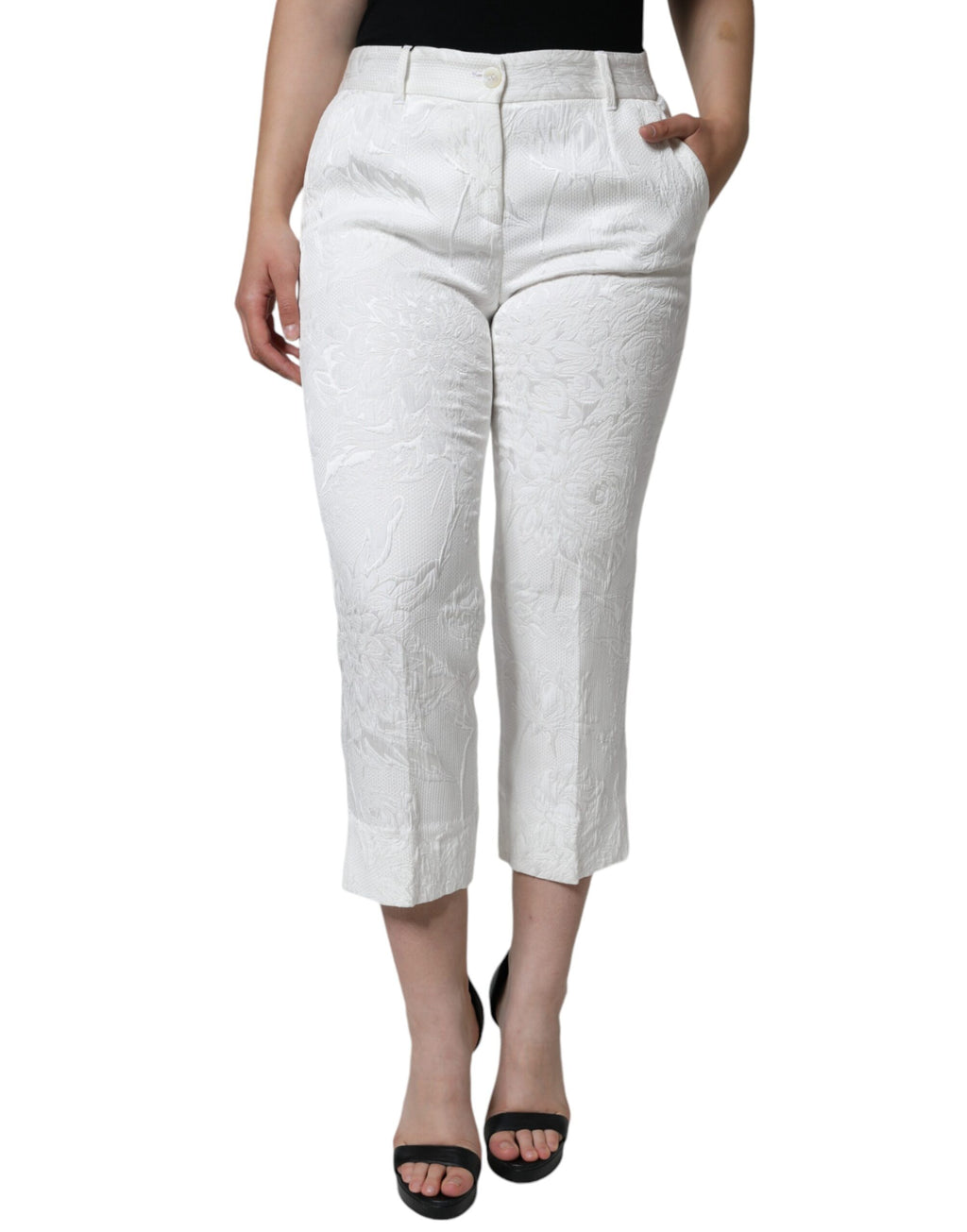 Pantalon Capri en Brocart de Coton Fleuri Blanc Dolce & Gabbana