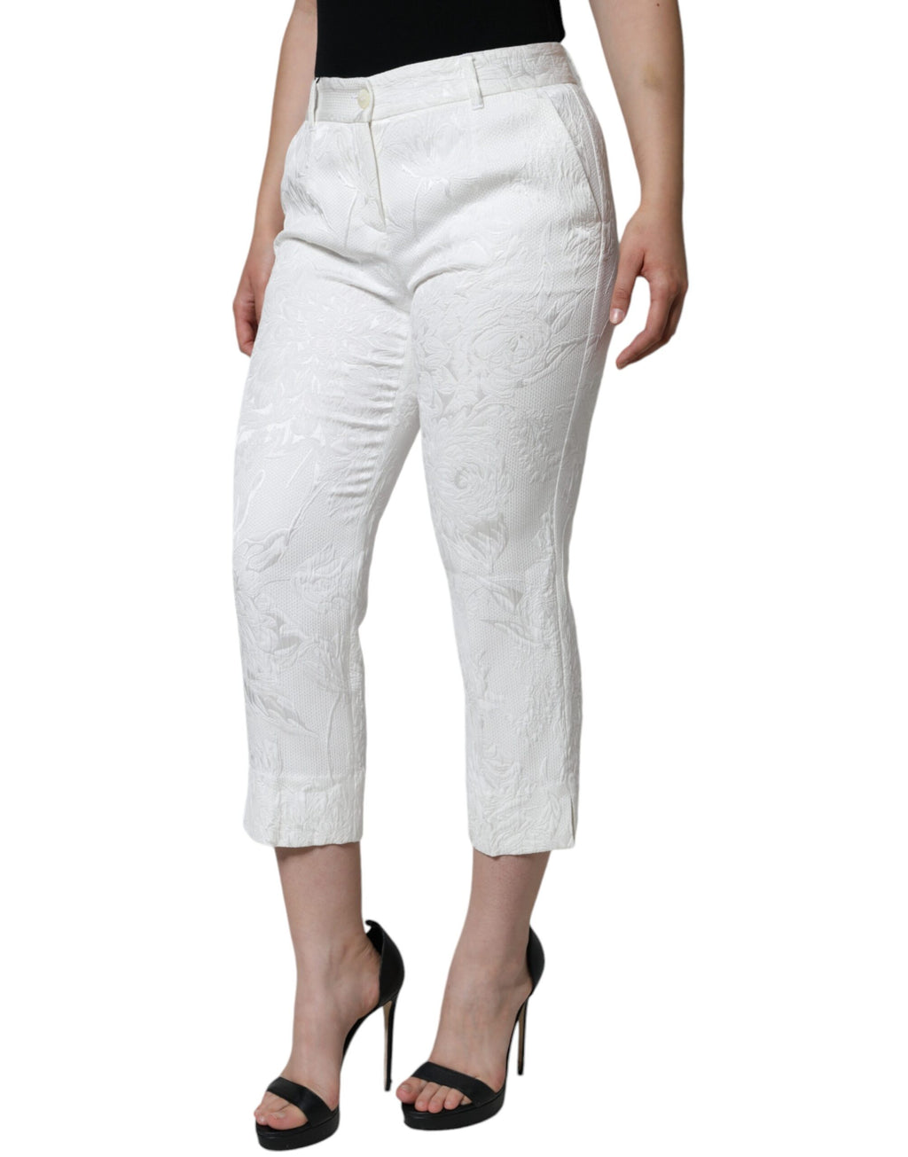 Pantalon Capri en Brocart de Coton Fleuri Blanc Dolce & Gabbana