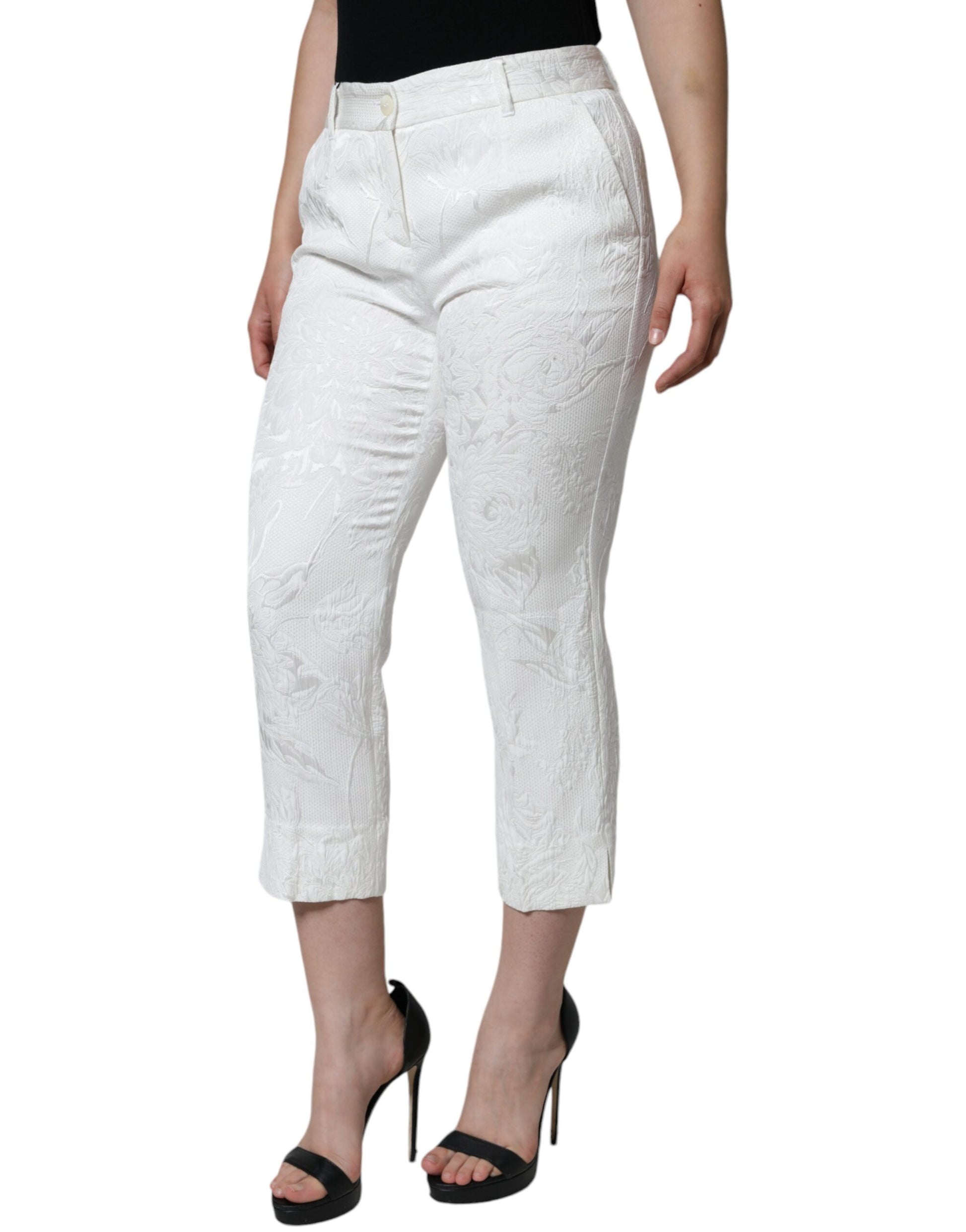 Pantalon Capri en Brocart de Coton Fleuri Blanc Dolce & Gabbana
