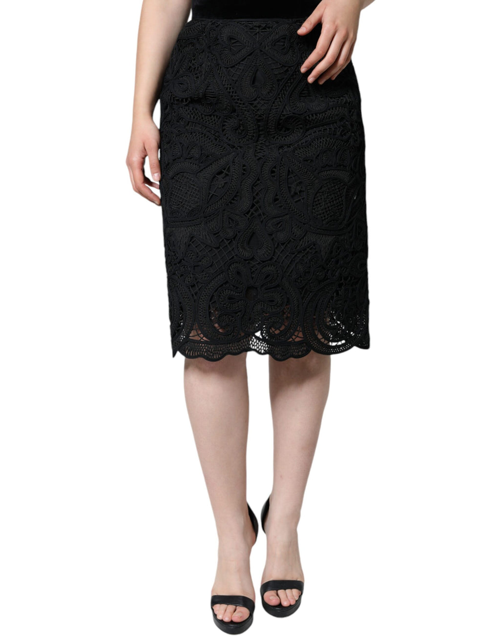 Jupe Crayon Noire Taille Haute en Dentelle Florale Dolce & Gabbana