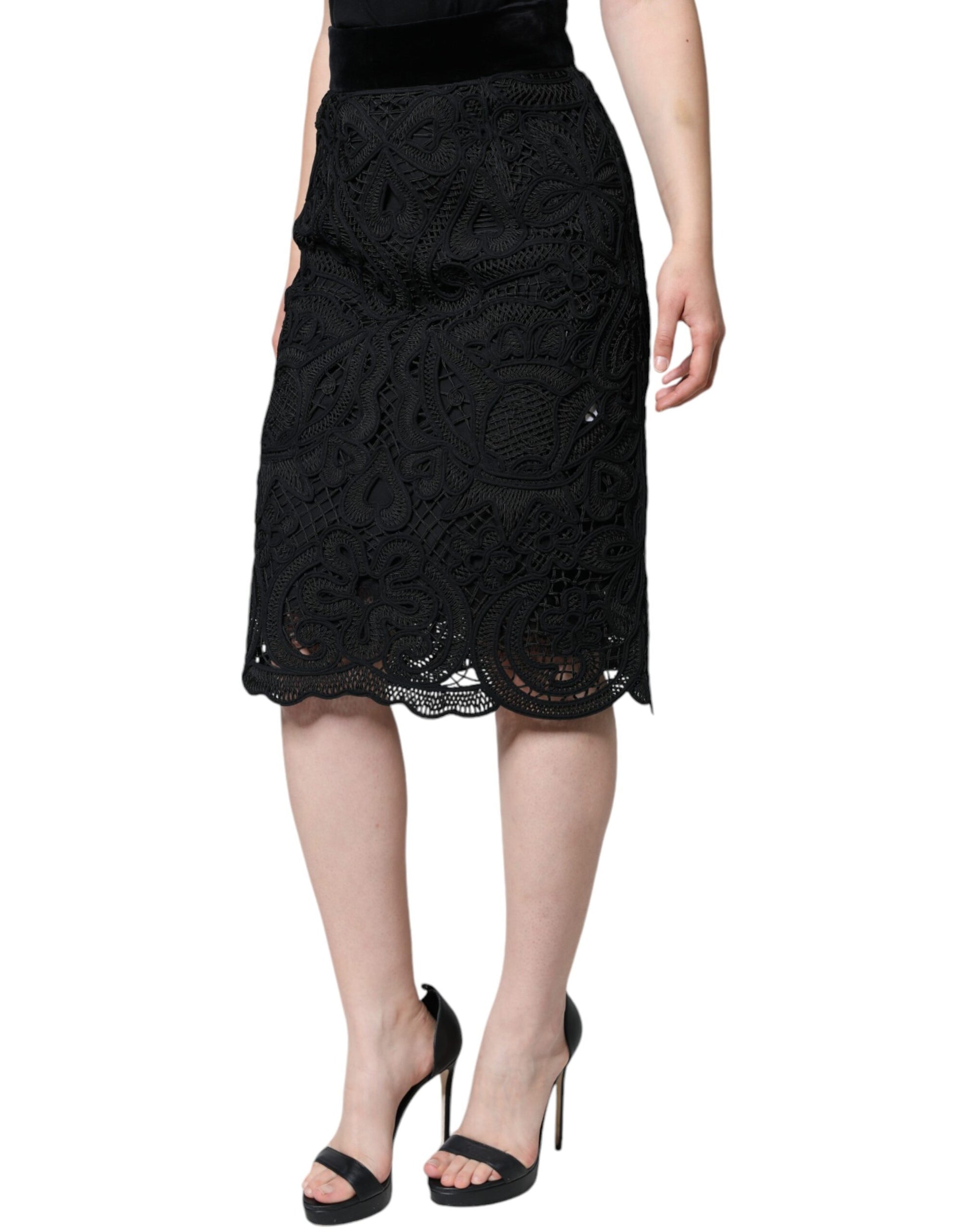Jupe Crayon Noire Taille Haute en Dentelle Florale Dolce & Gabbana