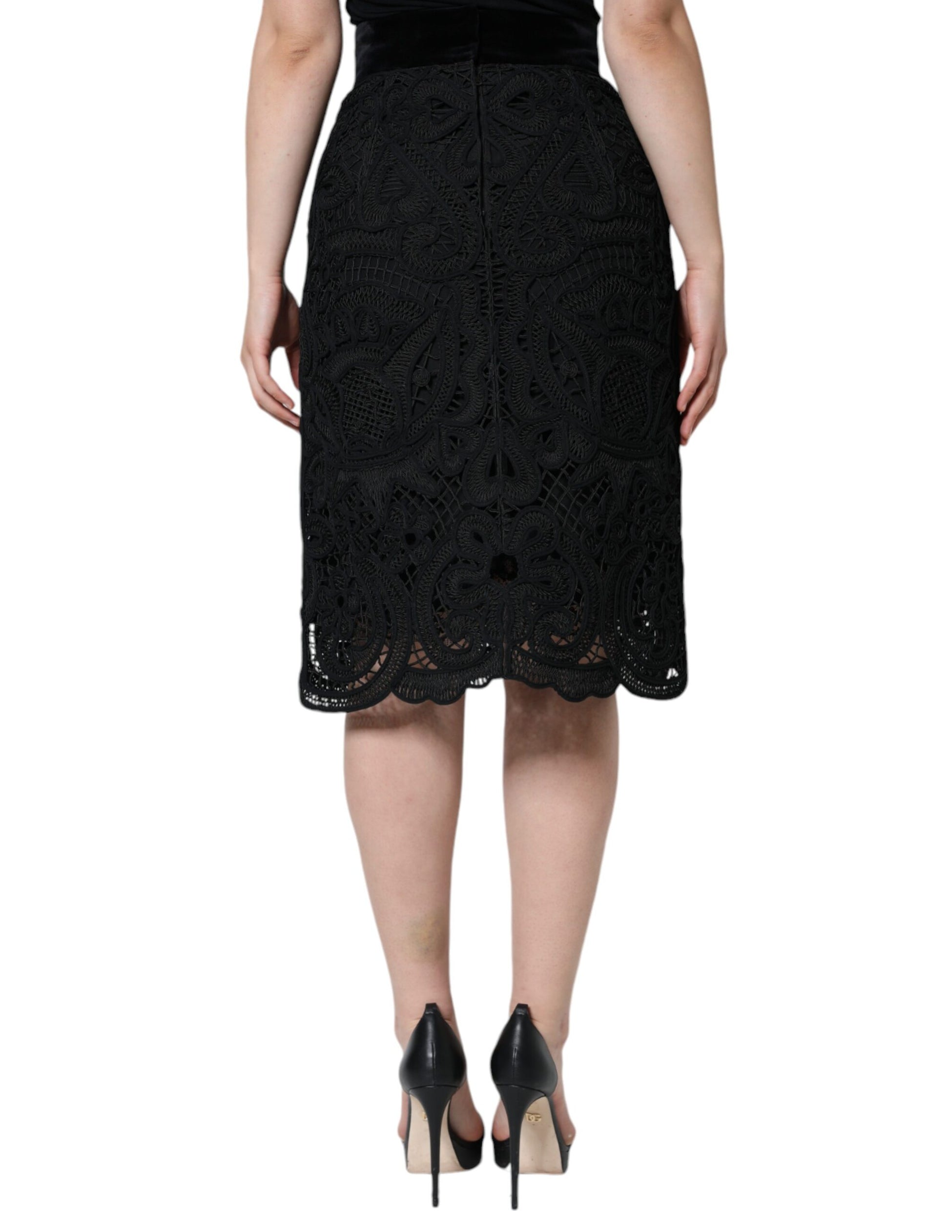 Jupe Crayon Noire Taille Haute en Dentelle Florale Dolce & Gabbana