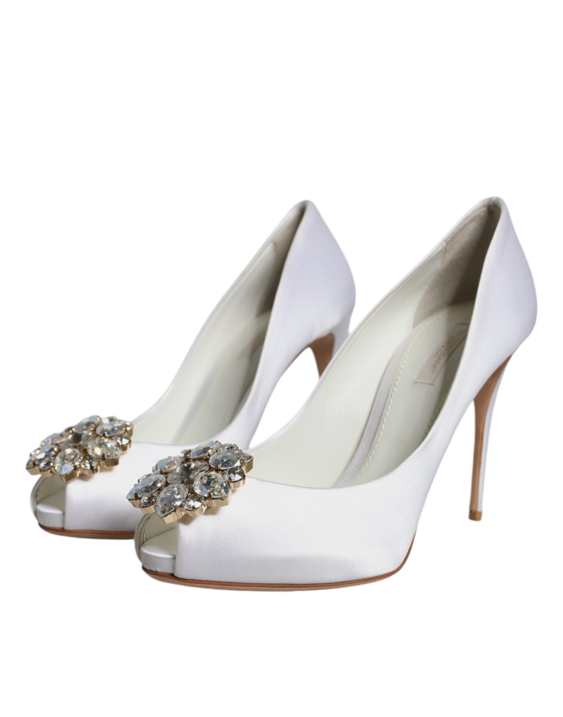 Chaussures à talons Dolce & Gabbana en satin blanc avec cristaux et bout ouvert