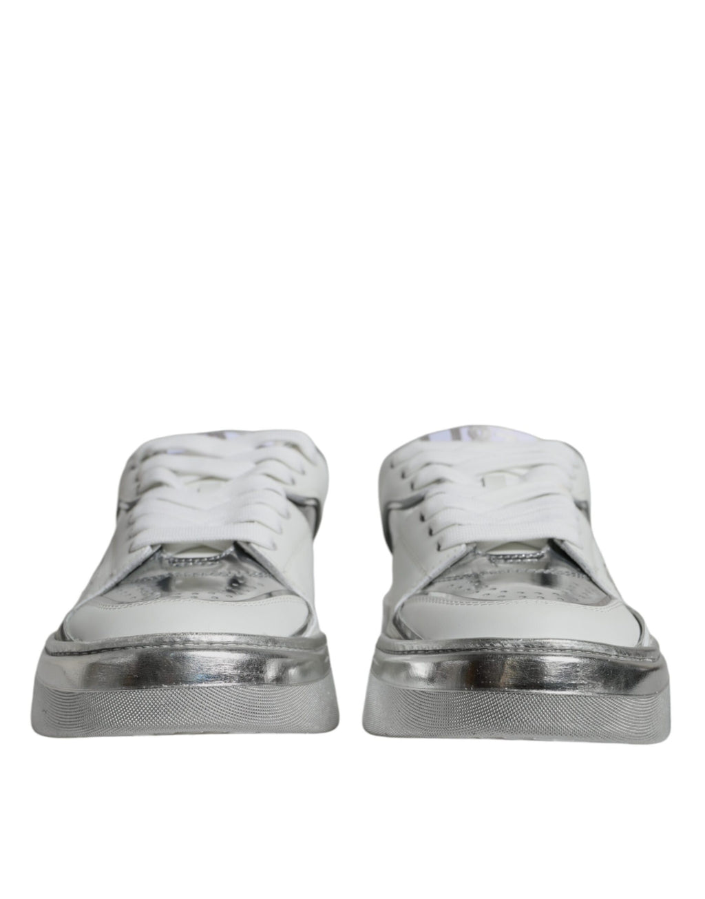 Chaussures de sport basses en cuir argenté et blanc Dolce & Gabbana