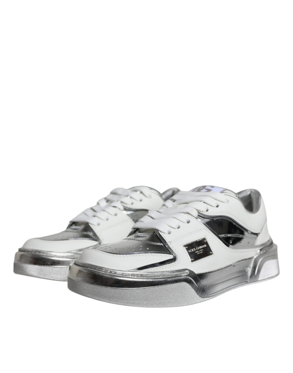 Chaussures de sport basses en cuir argenté et blanc Dolce & Gabbana