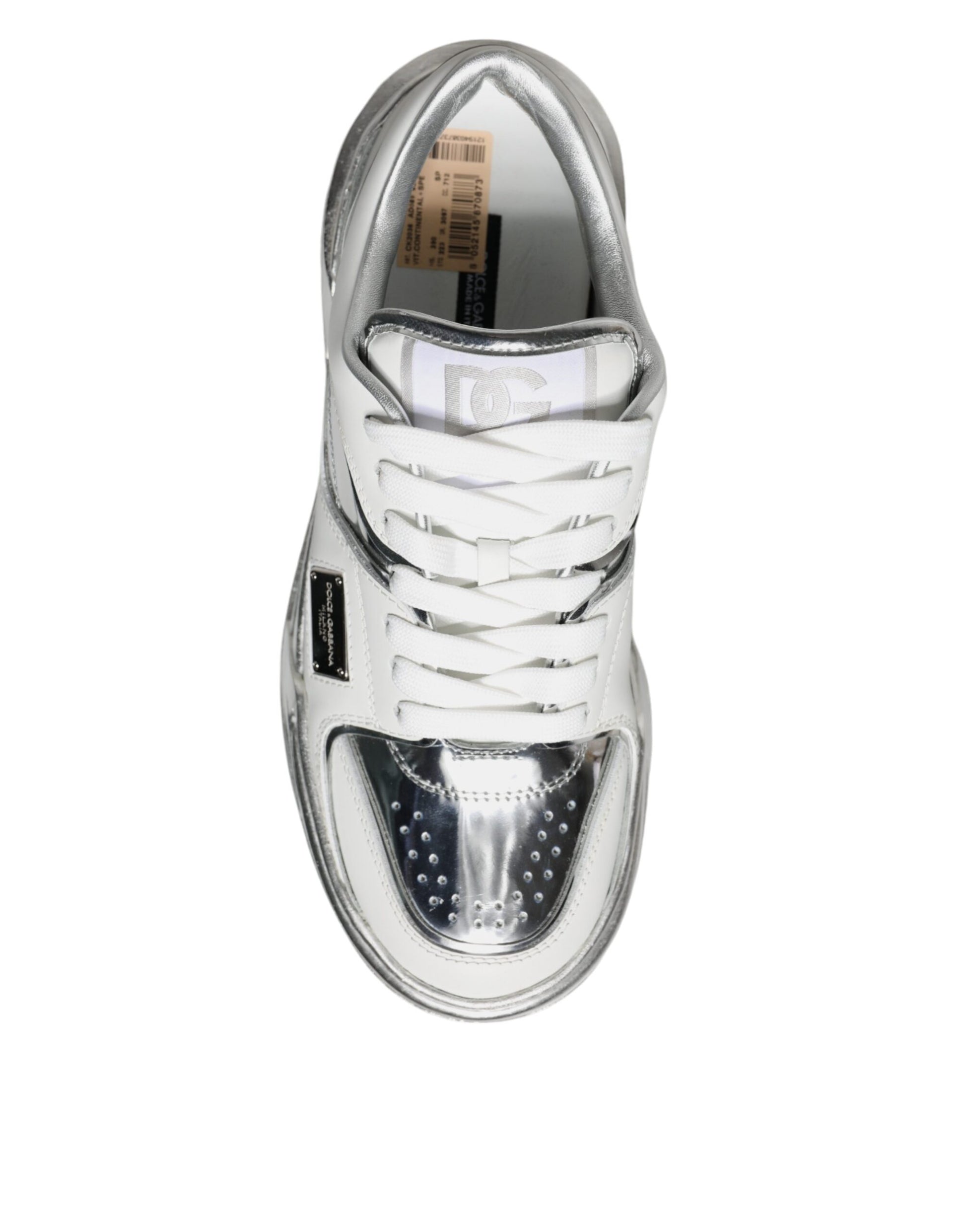 Chaussures de sport basses en cuir argenté et blanc Dolce & Gabbana