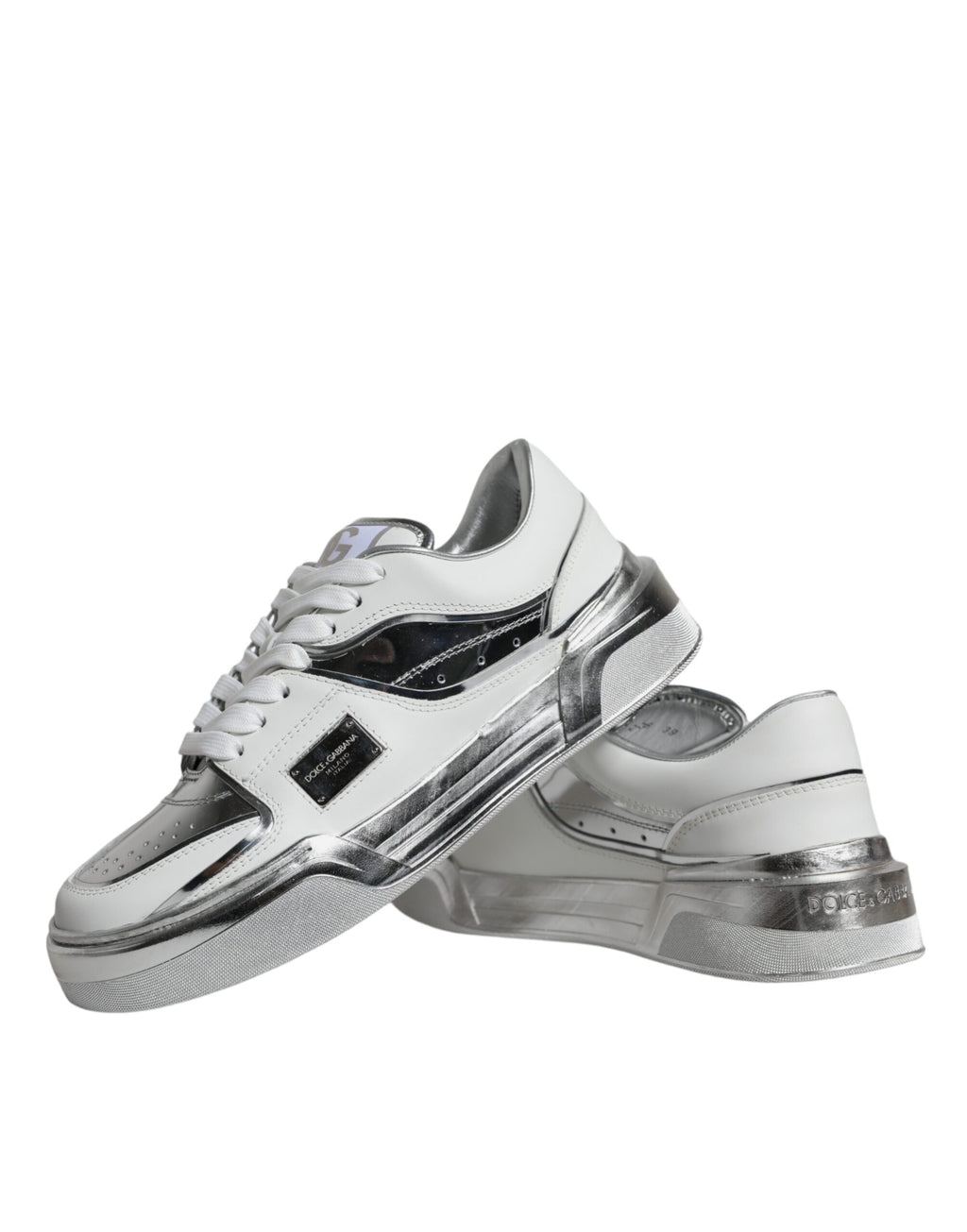 Chaussures de sport basses en cuir argenté et blanc Dolce & Gabbana