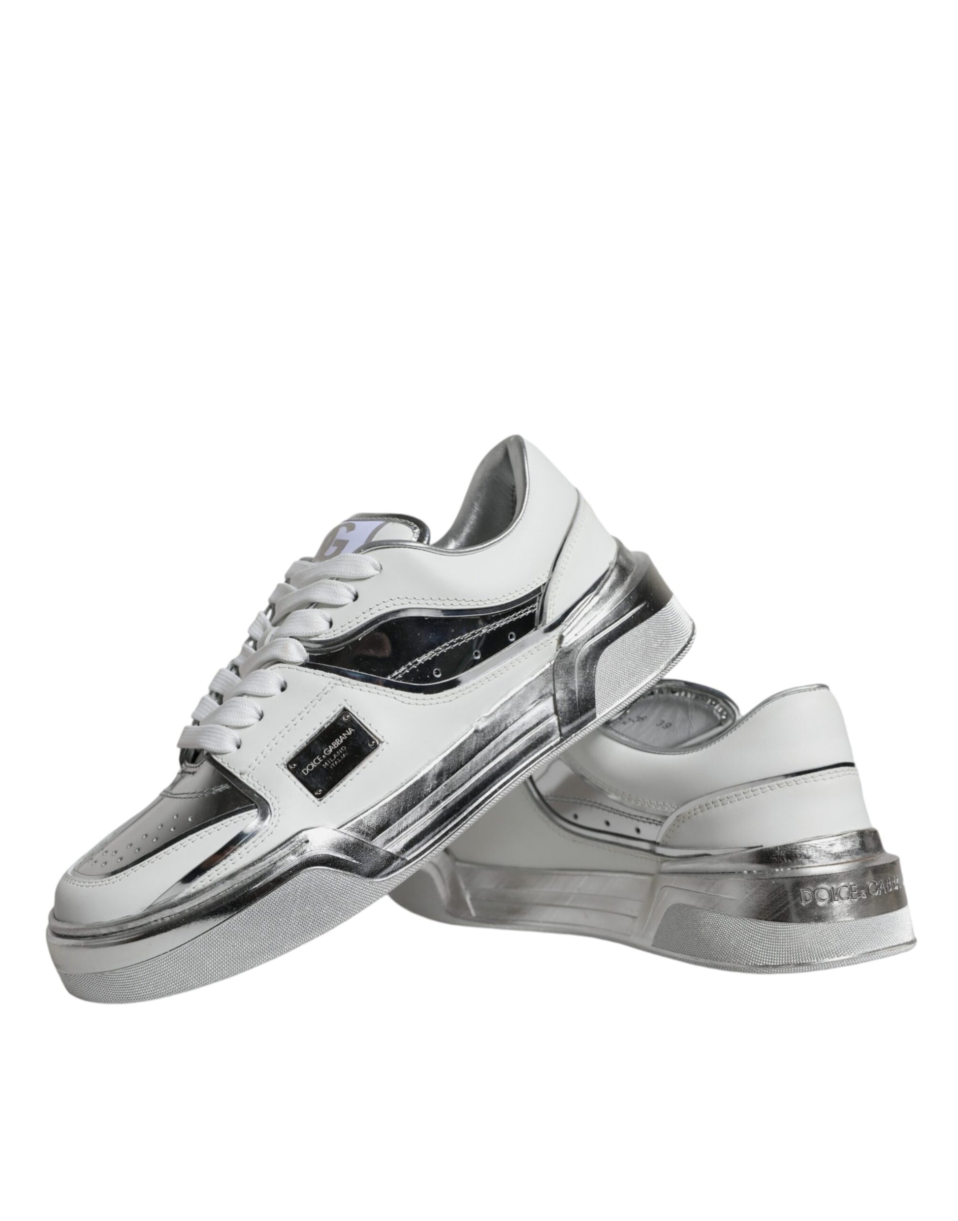 Chaussures de sport basses en cuir argenté et blanc Dolce & Gabbana