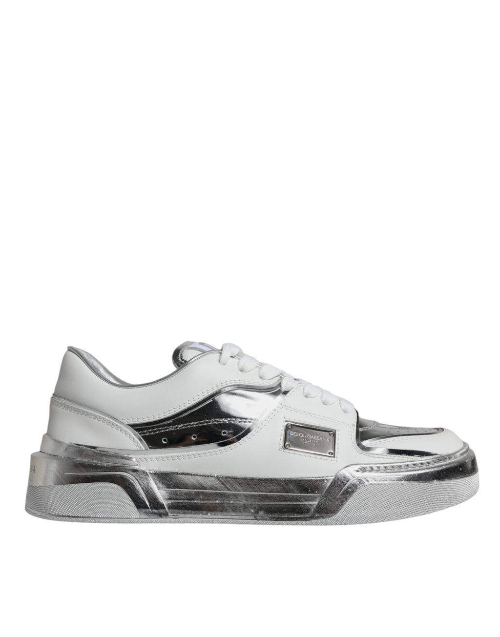 Chaussures de sport basses en cuir argenté et blanc Dolce & Gabbana