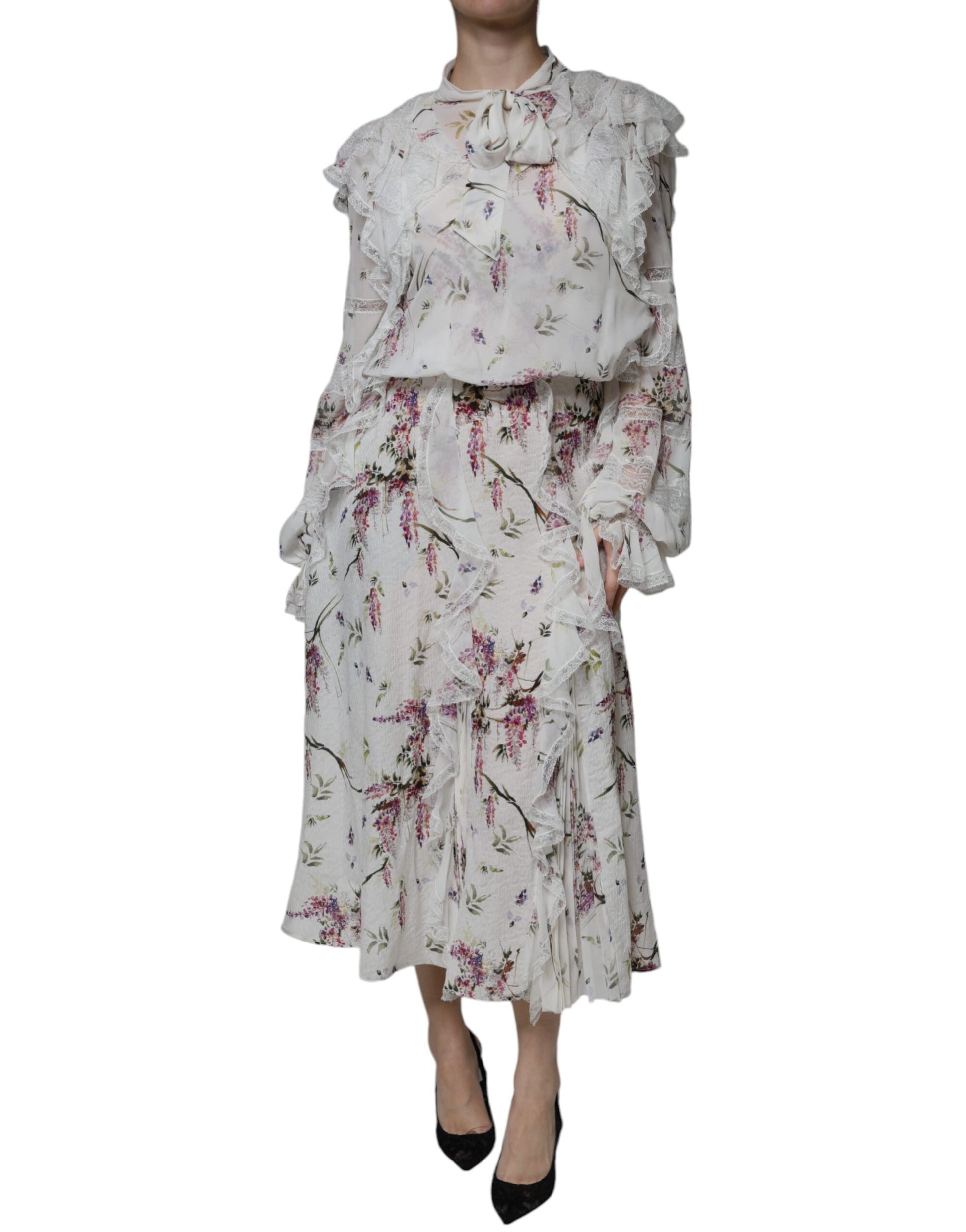Robe longue Ermanno Scervino blanche à volants floraux en dentelle et manches longues