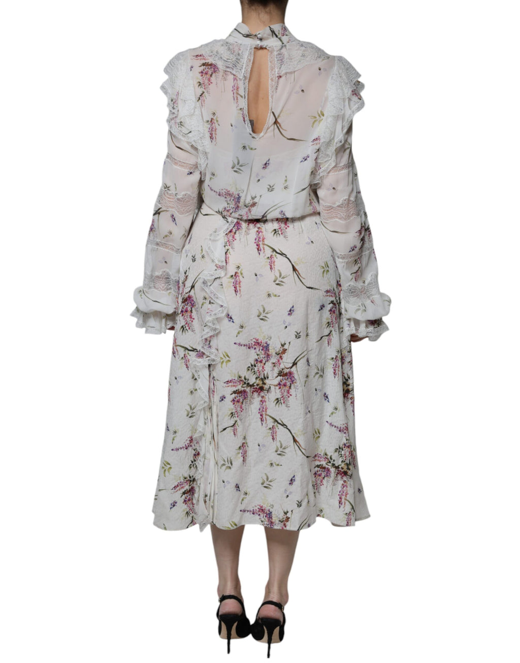 Robe longue Ermanno Scervino blanche à volants floraux en dentelle et manches longues