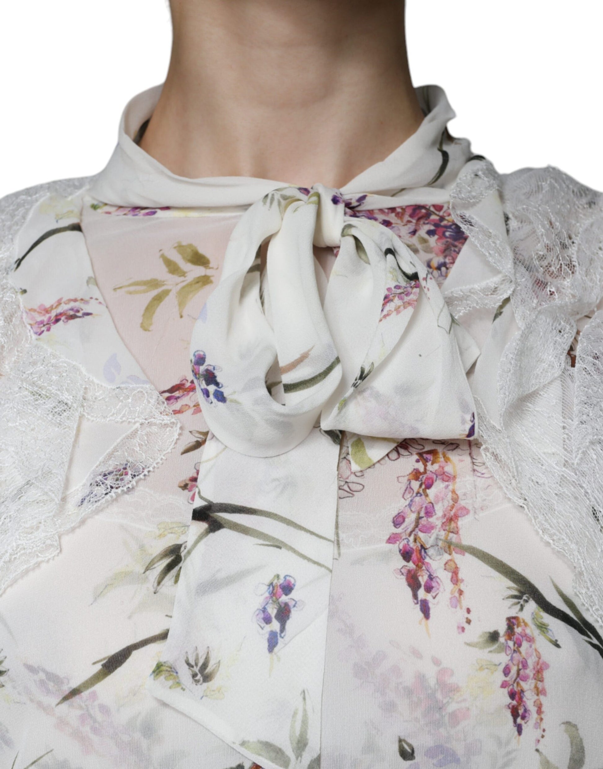 Robe longue Ermanno Scervino blanche à volants floraux en dentelle et manches longues