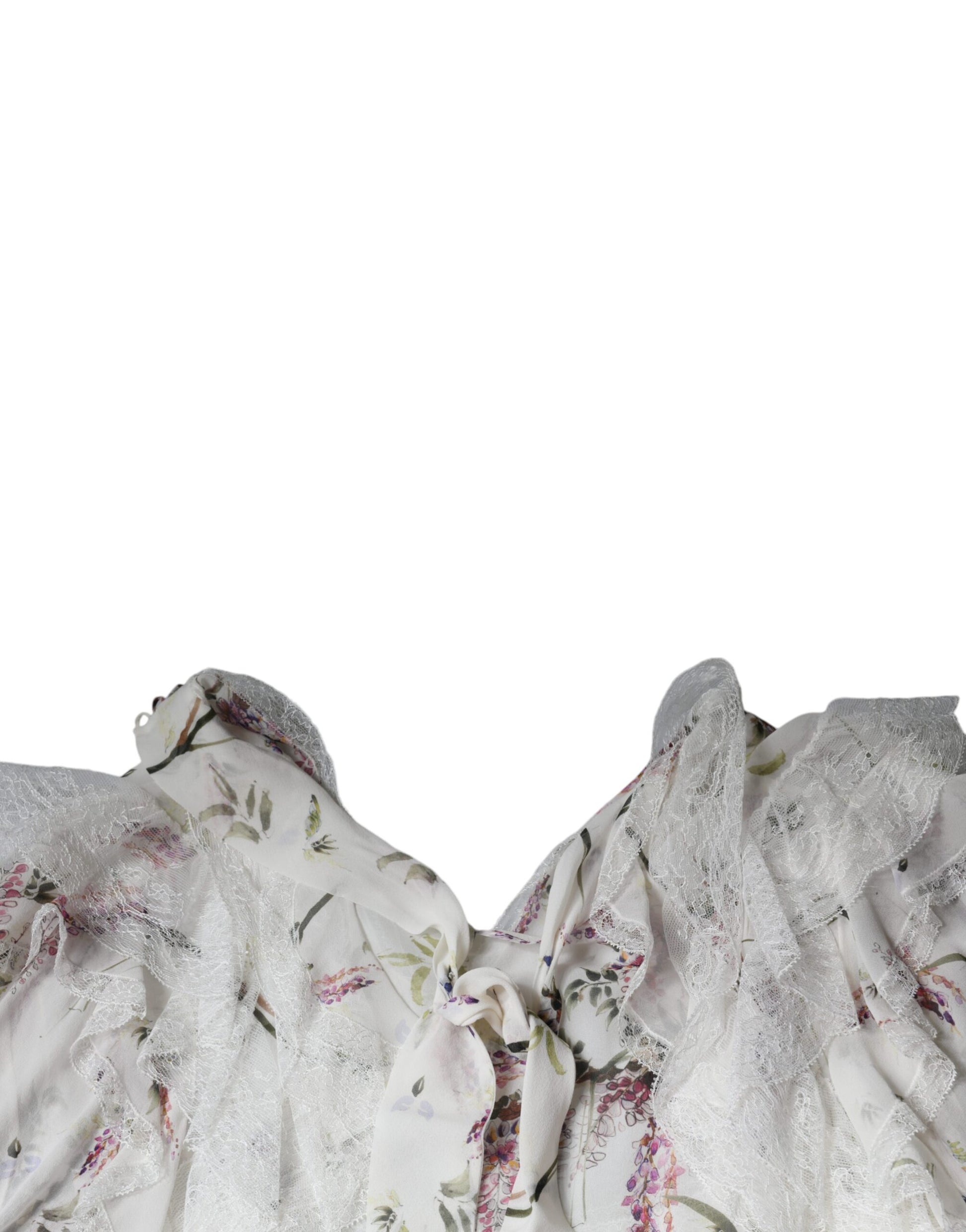 Robe longue Ermanno Scervino blanche à volants floraux en dentelle et manches longues
