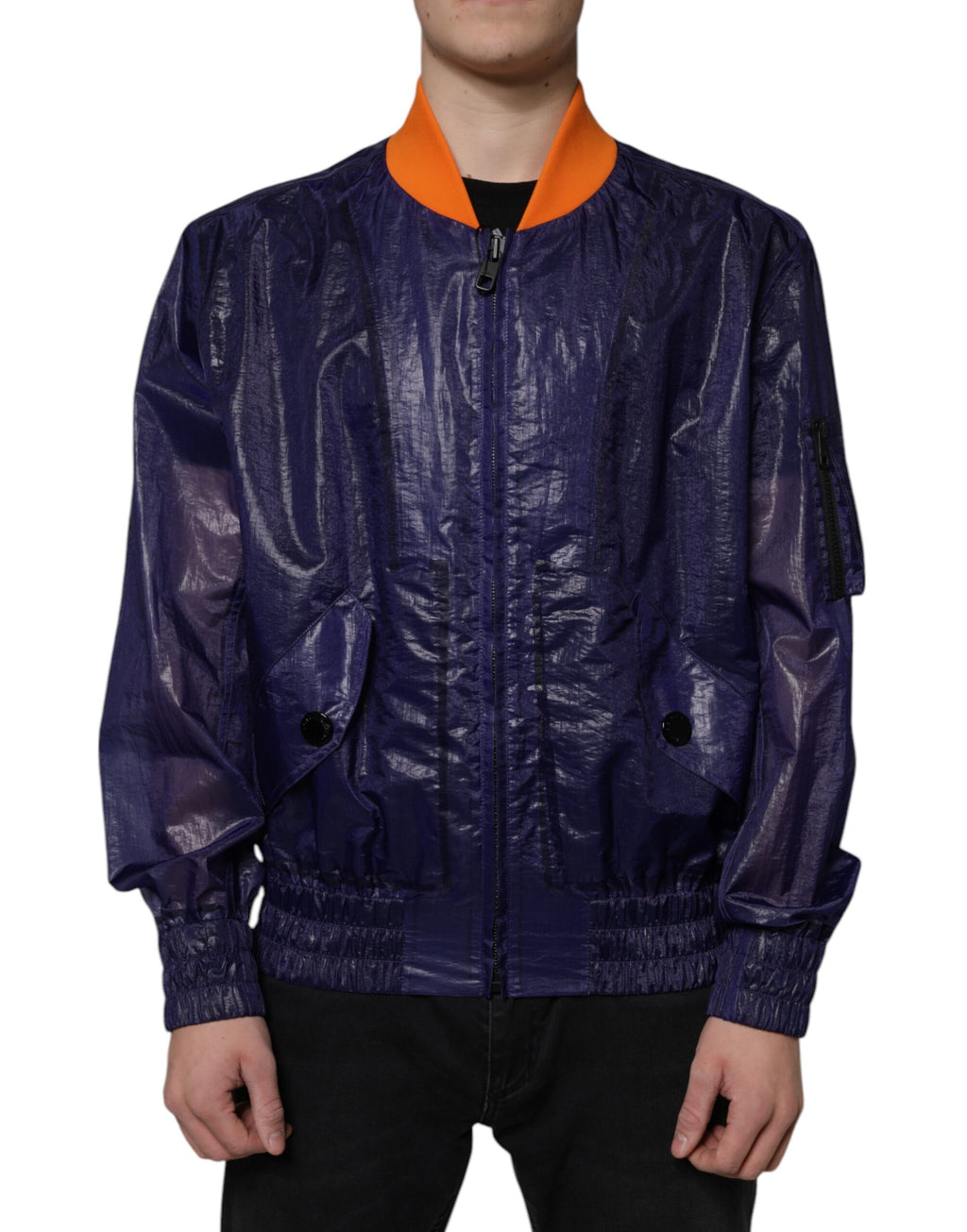 Blouson bomber Dolce & Gabbana en coton stretch bleu avec fermeture éclair intégrale
