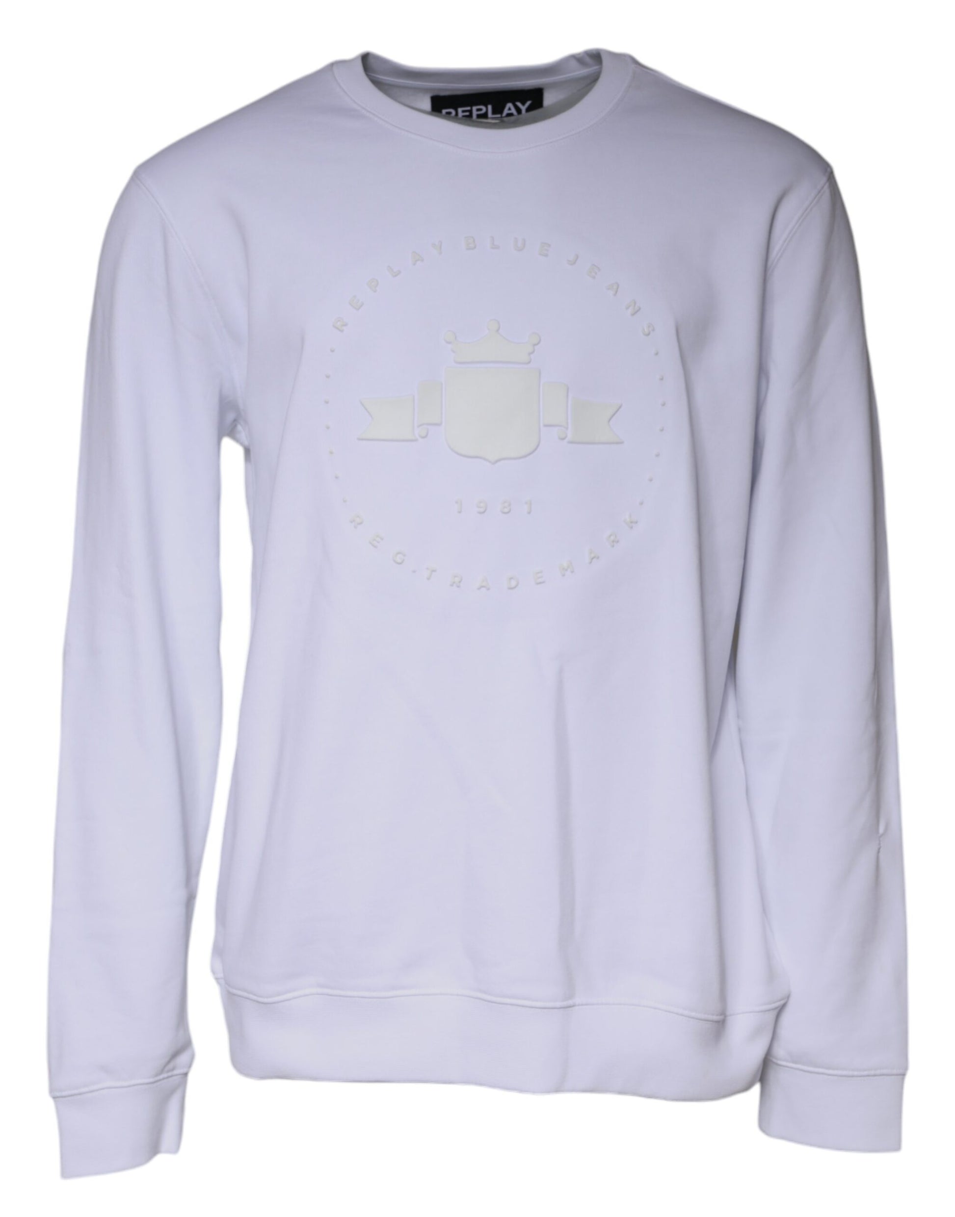 Replay Herren Sweatshirt mit Rundhalsausschnitt und geprägtem Logo, Weiß