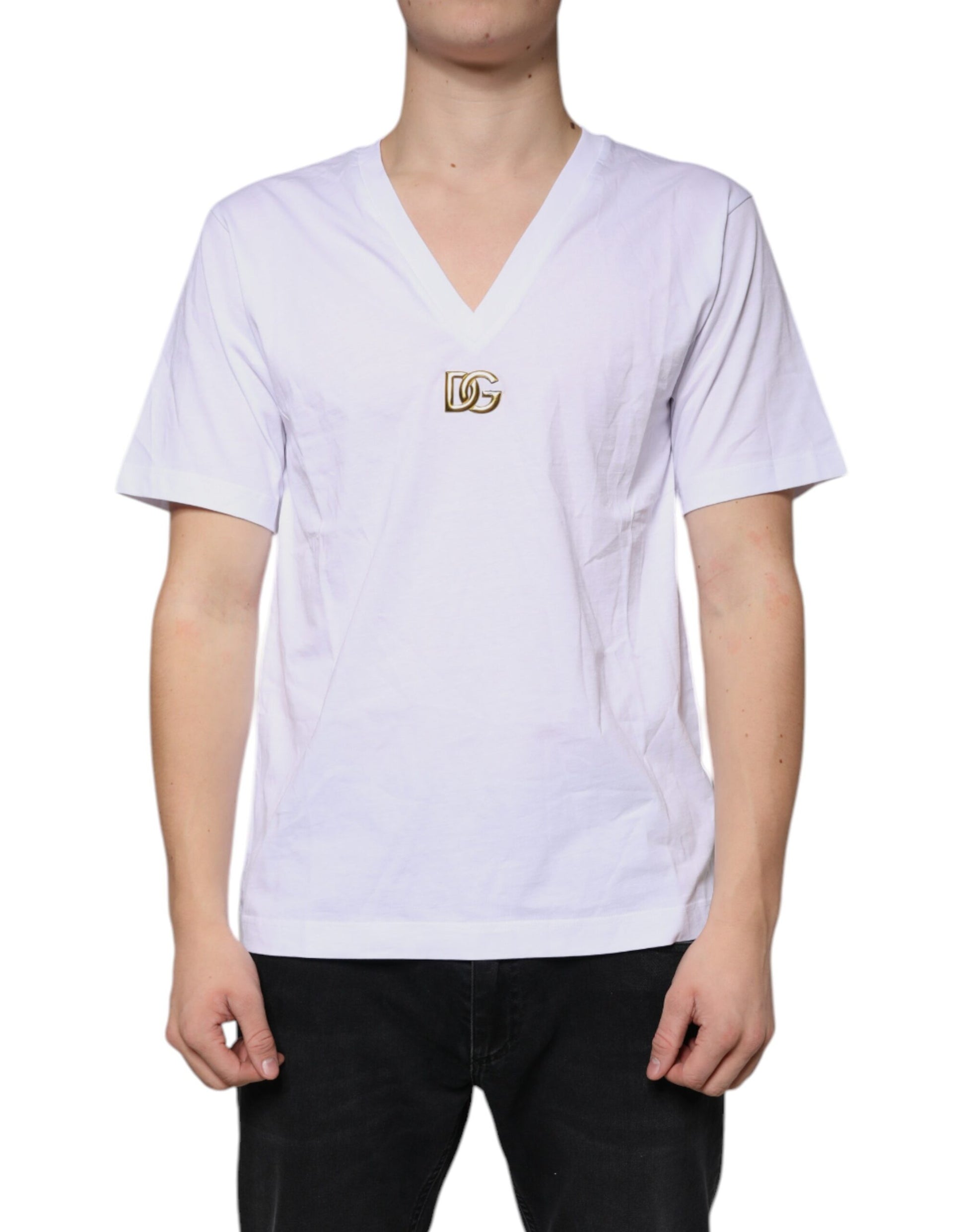 T-shirt Dolce & Gabbana en Coton Blanc Col V Manches Courtes à Logo