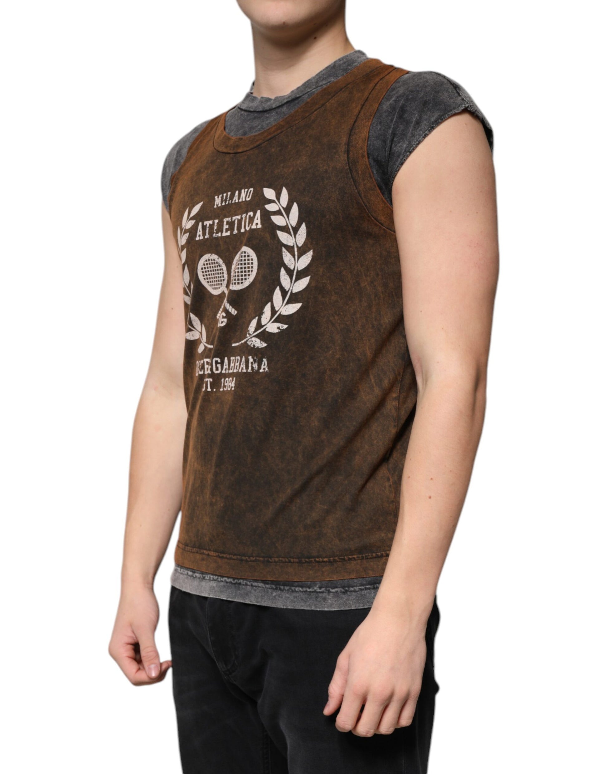T-shirt sans manches à col rond en coton marron Dolce & Gabbana