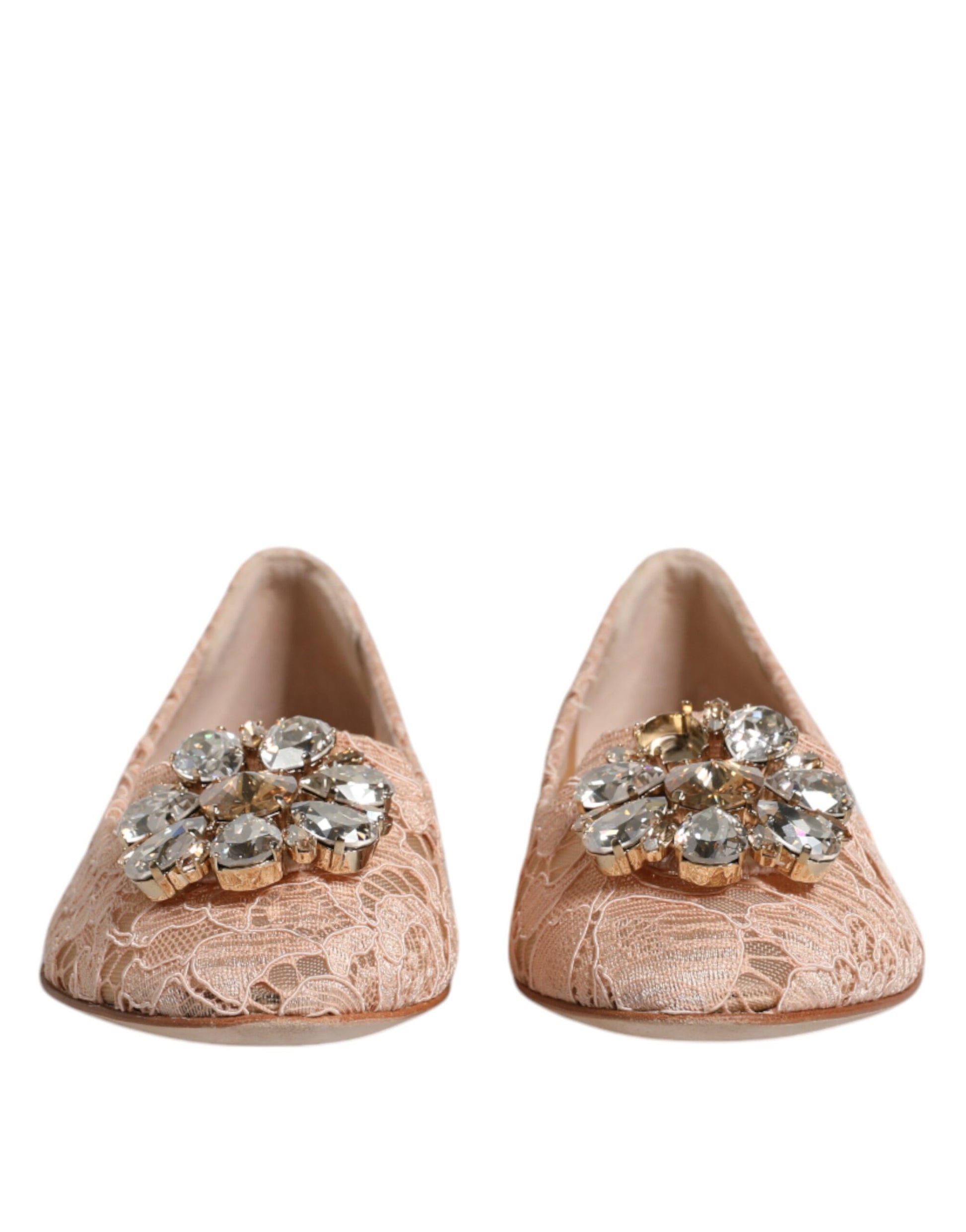 Chaussures Ballerines Mocassins en Dentelle Beige et Cristal Dolce & Gabbana