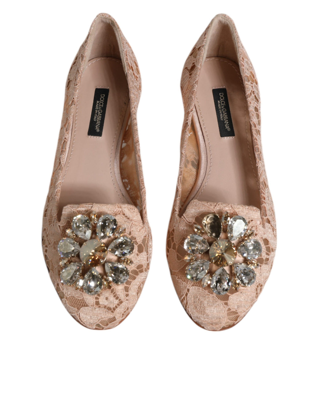 Chaussures Ballerines Mocassins en Dentelle Beige et Cristal Dolce & Gabbana
