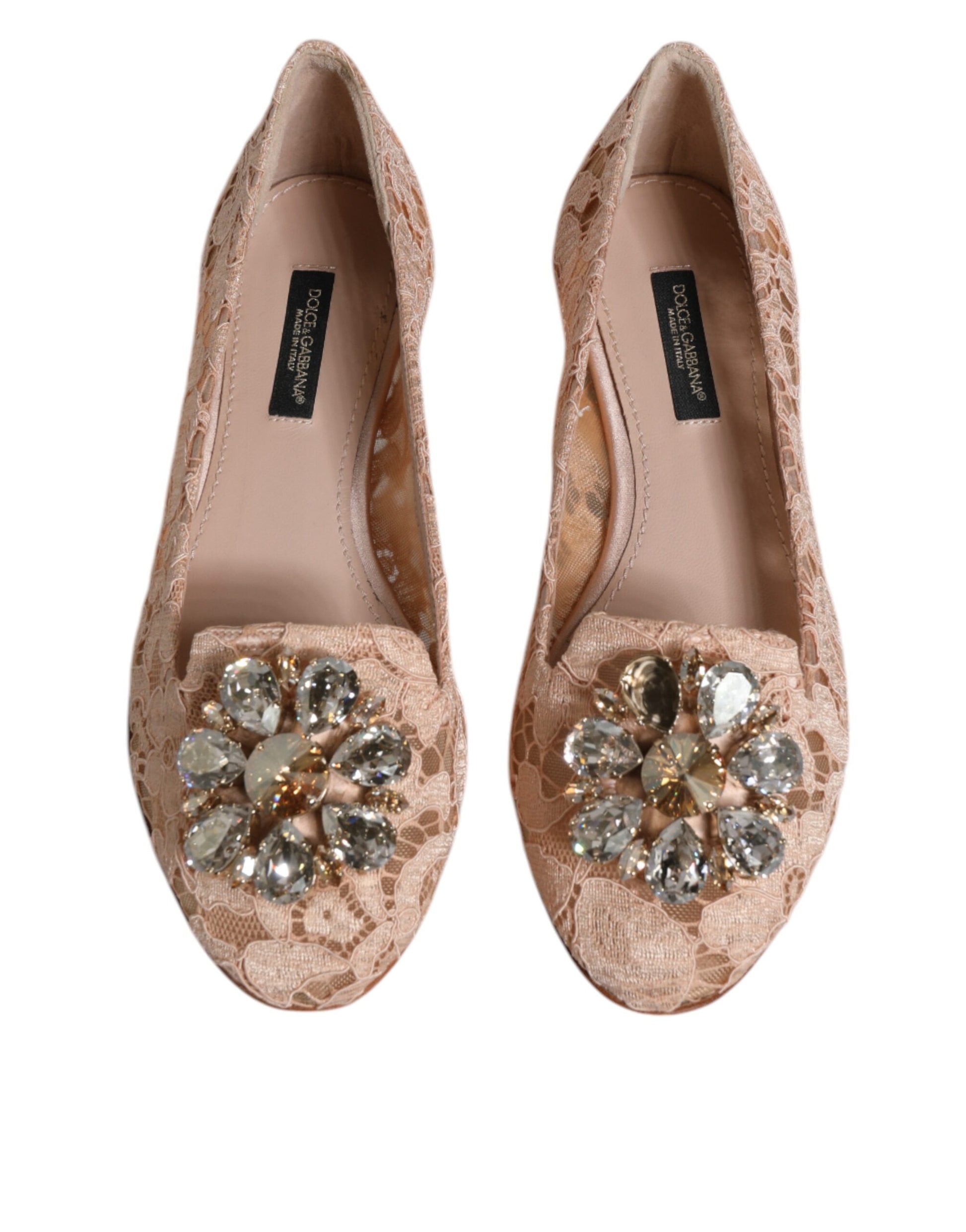 Chaussures Ballerines Mocassins en Dentelle Beige et Cristal Dolce & Gabbana