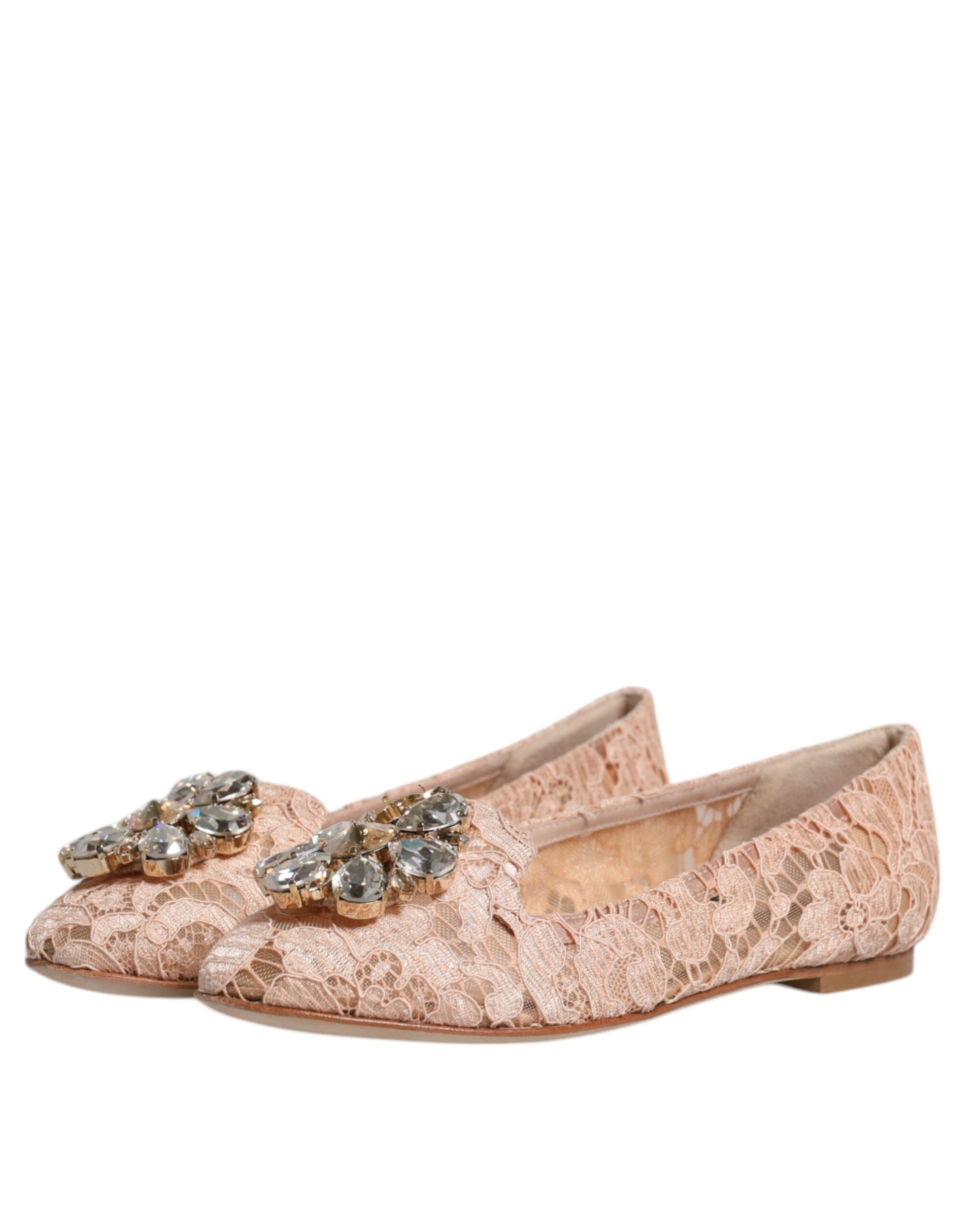 Chaussures Ballerines Mocassins en Dentelle Beige et Cristal Dolce & Gabbana