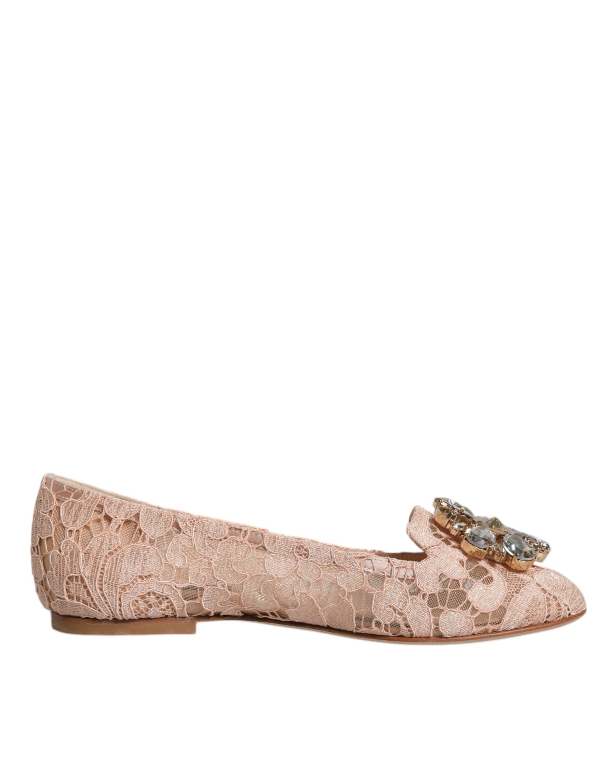 Chaussures Ballerines Mocassins en Dentelle Beige et Cristal Dolce & Gabbana