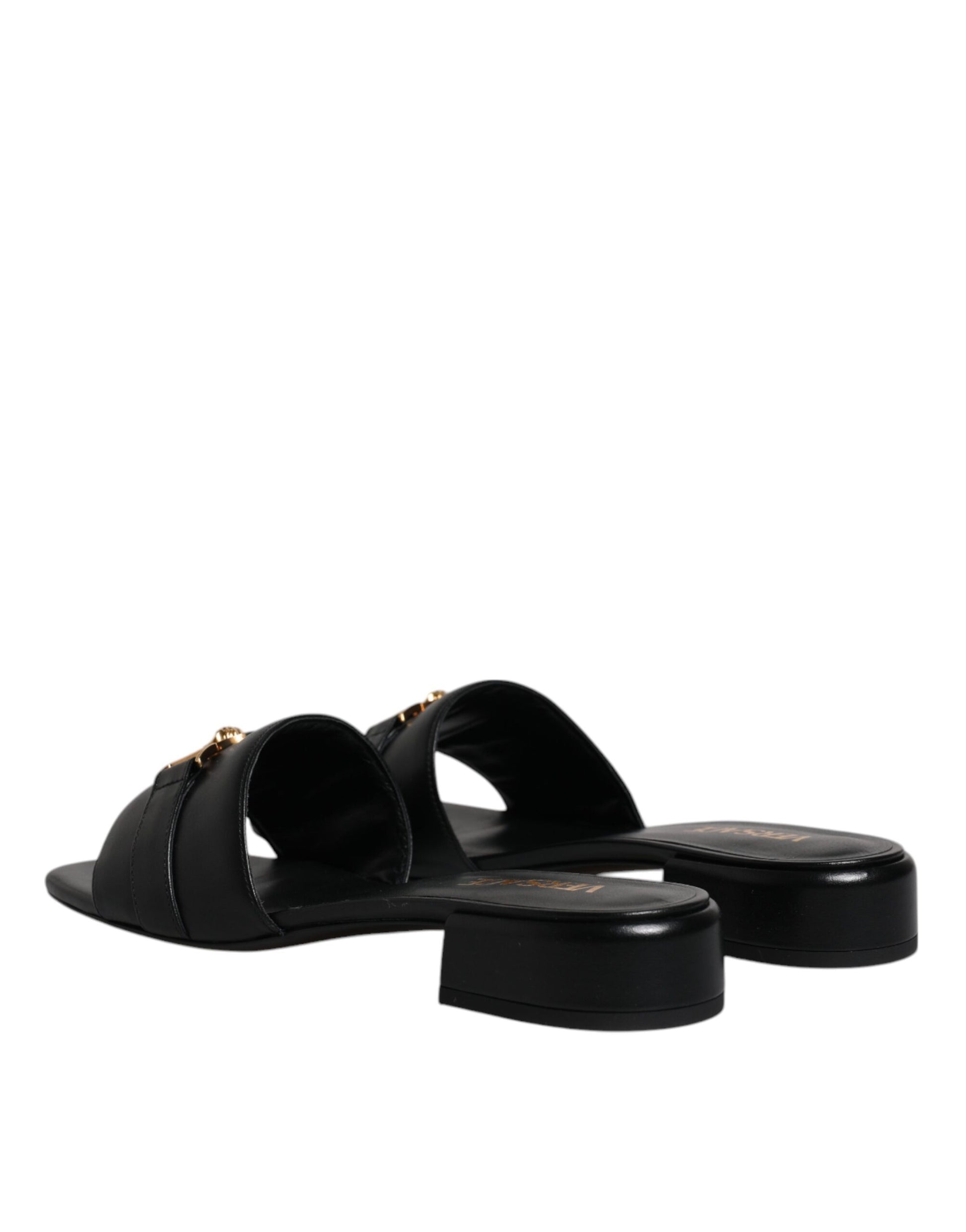 Versace – Schwarze Slipper aus Leder mit Logo-Schild