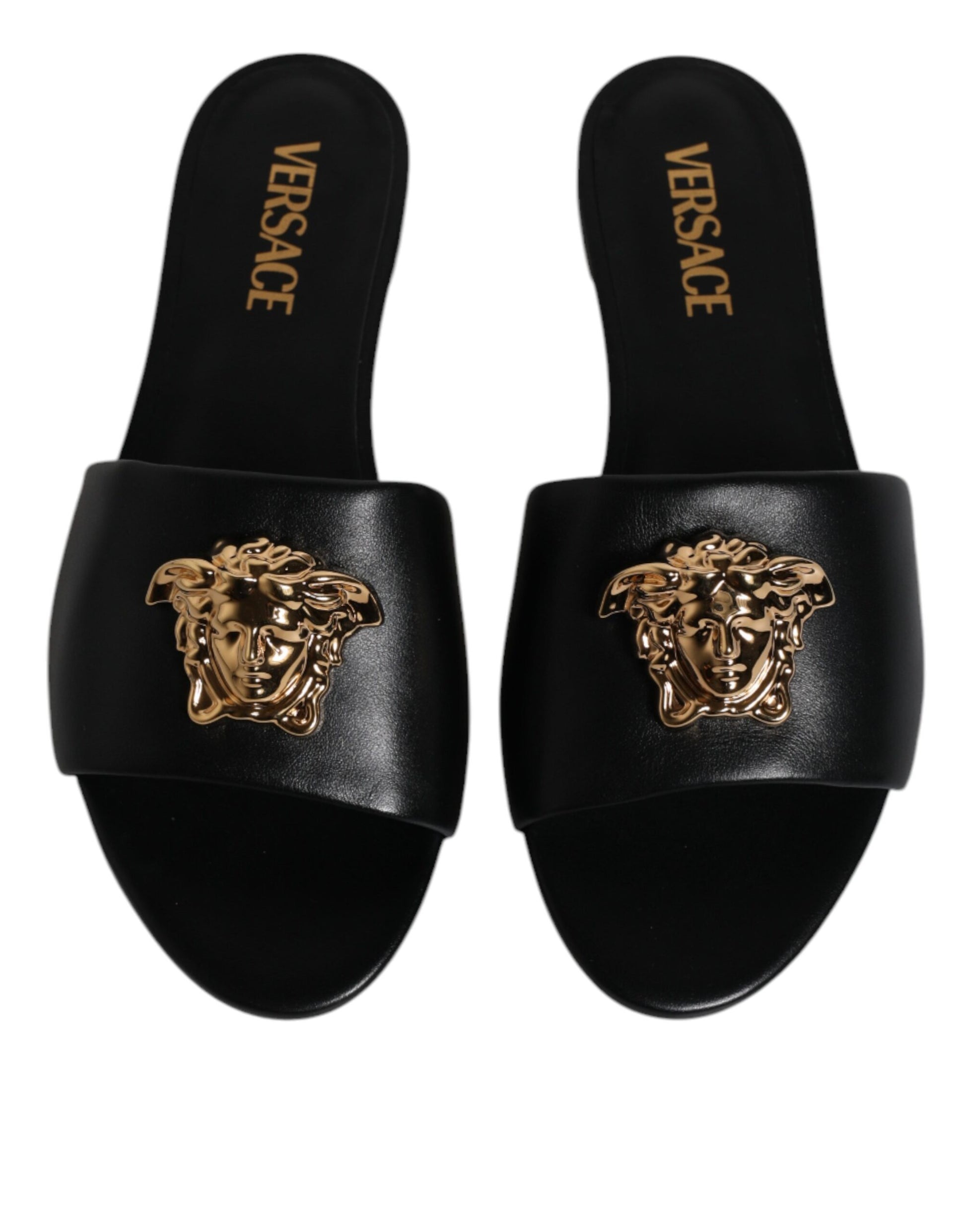 Versace – Schwarze Slipper aus Leder mit Logo-Schild