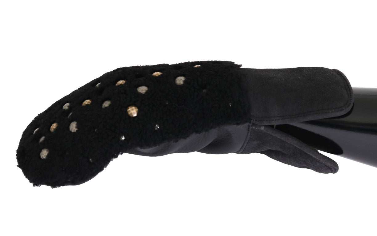 Dolce &amp; Gabbana Schwarze Lederhandschuhe mit Lammfellbesatz und Nieten