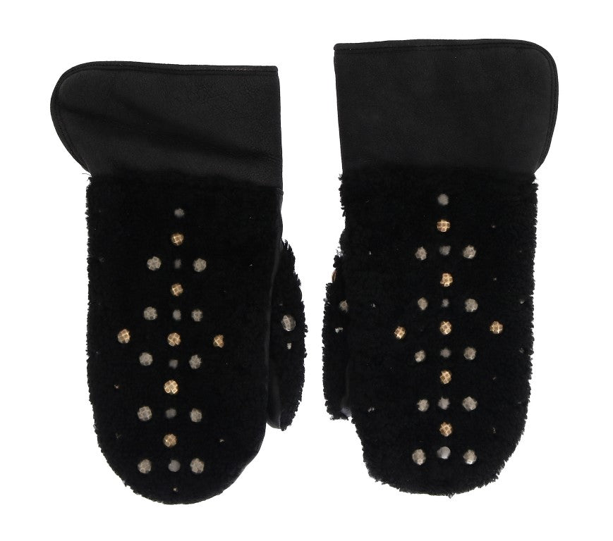 Dolce &amp; Gabbana Schwarze Lederhandschuhe mit Lammfellbesatz und Nieten