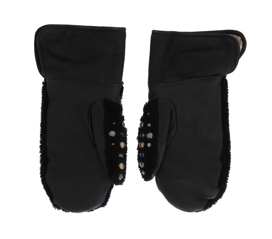 Dolce &amp; Gabbana Schwarze Lederhandschuhe mit Lammfellbesatz und Nieten