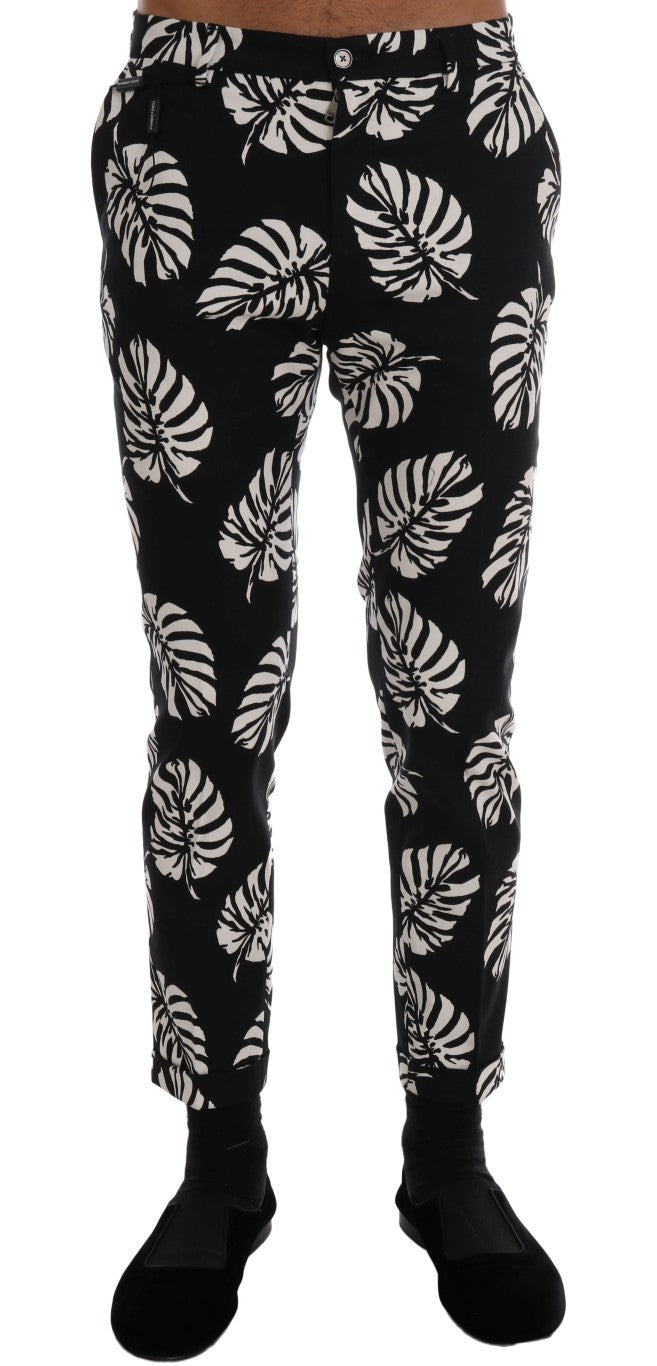 Pantalon Slim Dolce & Gabbana Blanc Noir à Imprimé Feuilles en Coton Stretch