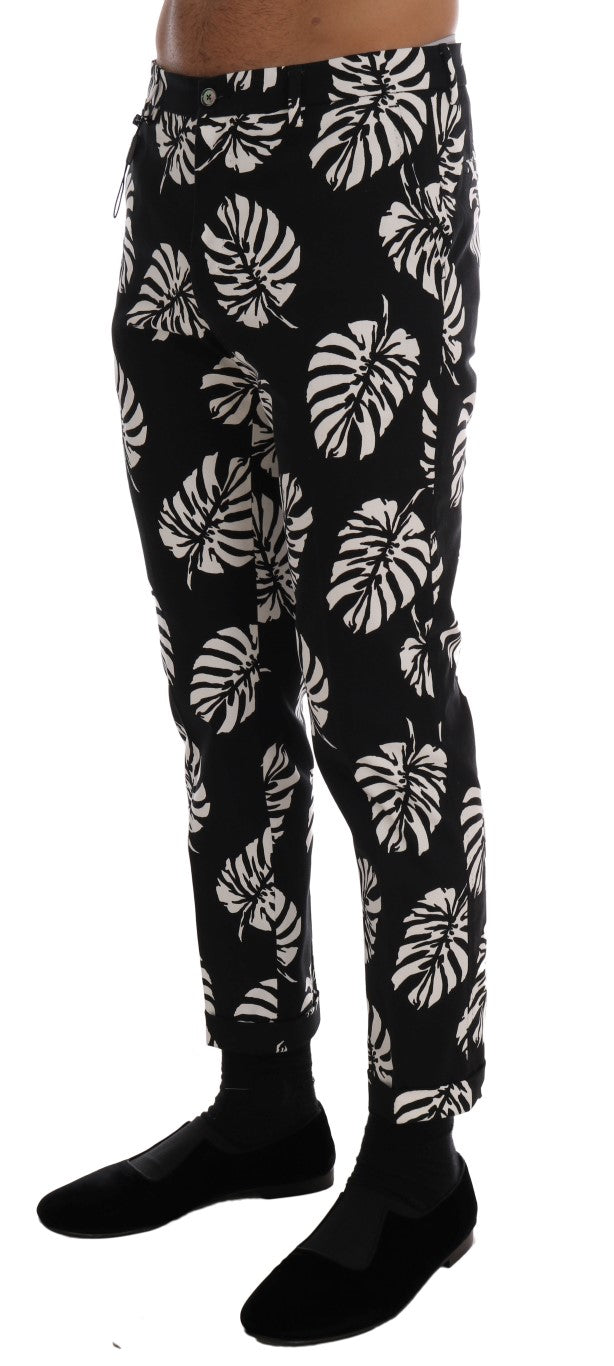 Pantalon Slim Dolce & Gabbana Blanc Noir à Imprimé Feuilles en Coton Stretch