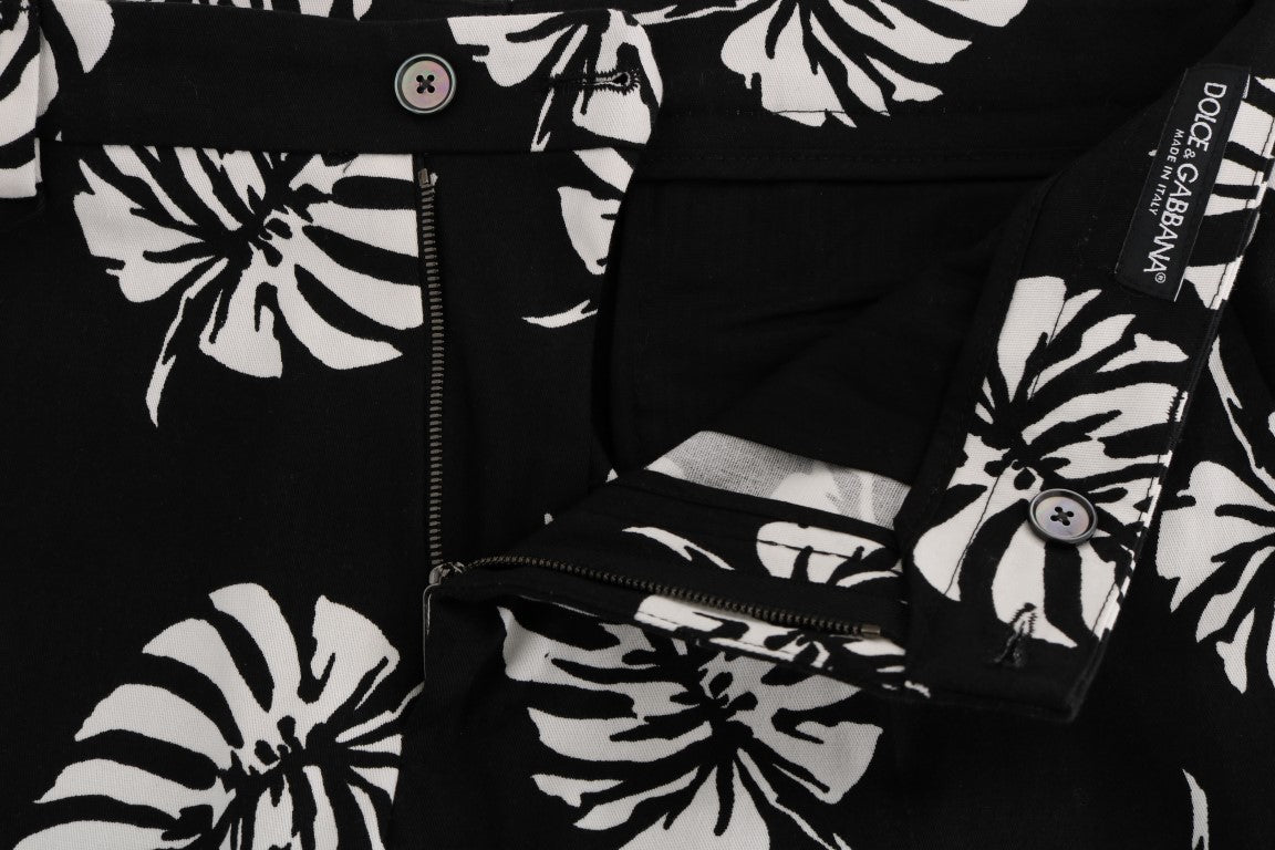 Pantalon Slim Dolce & Gabbana Blanc Noir à Imprimé Feuilles en Coton Stretch