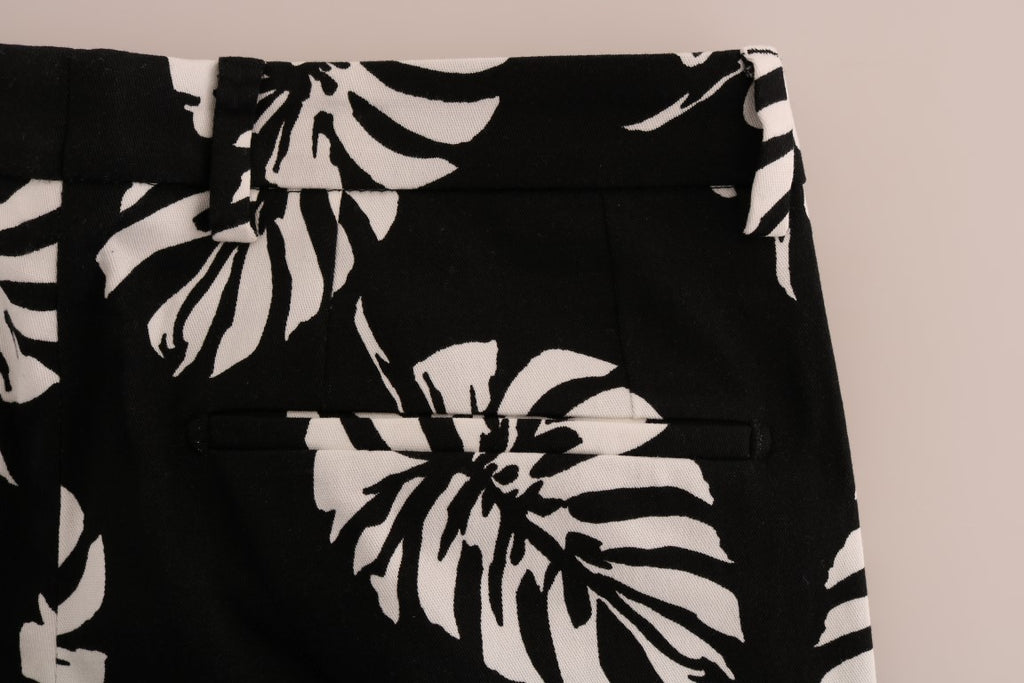Pantalon Slim Dolce & Gabbana Blanc Noir à Imprimé Feuilles en Coton Stretch