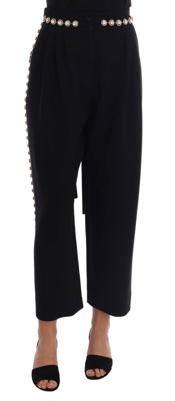Pantalon Dolce & Gabbana en Laine Stretch Noire Orné de Cristaux