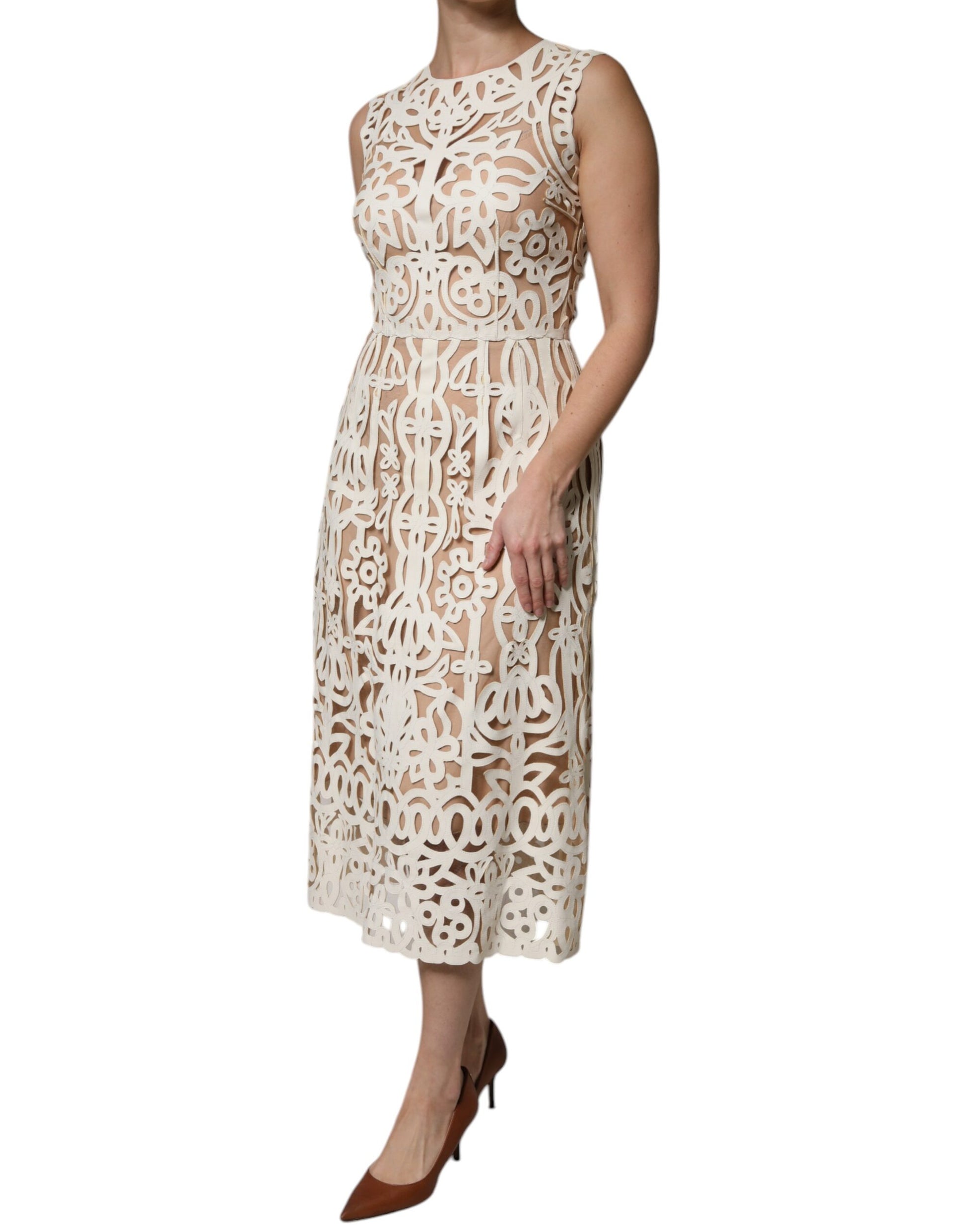 Robe mi-longue sans manches en cuir blanc découpé Dolce & Gabbana